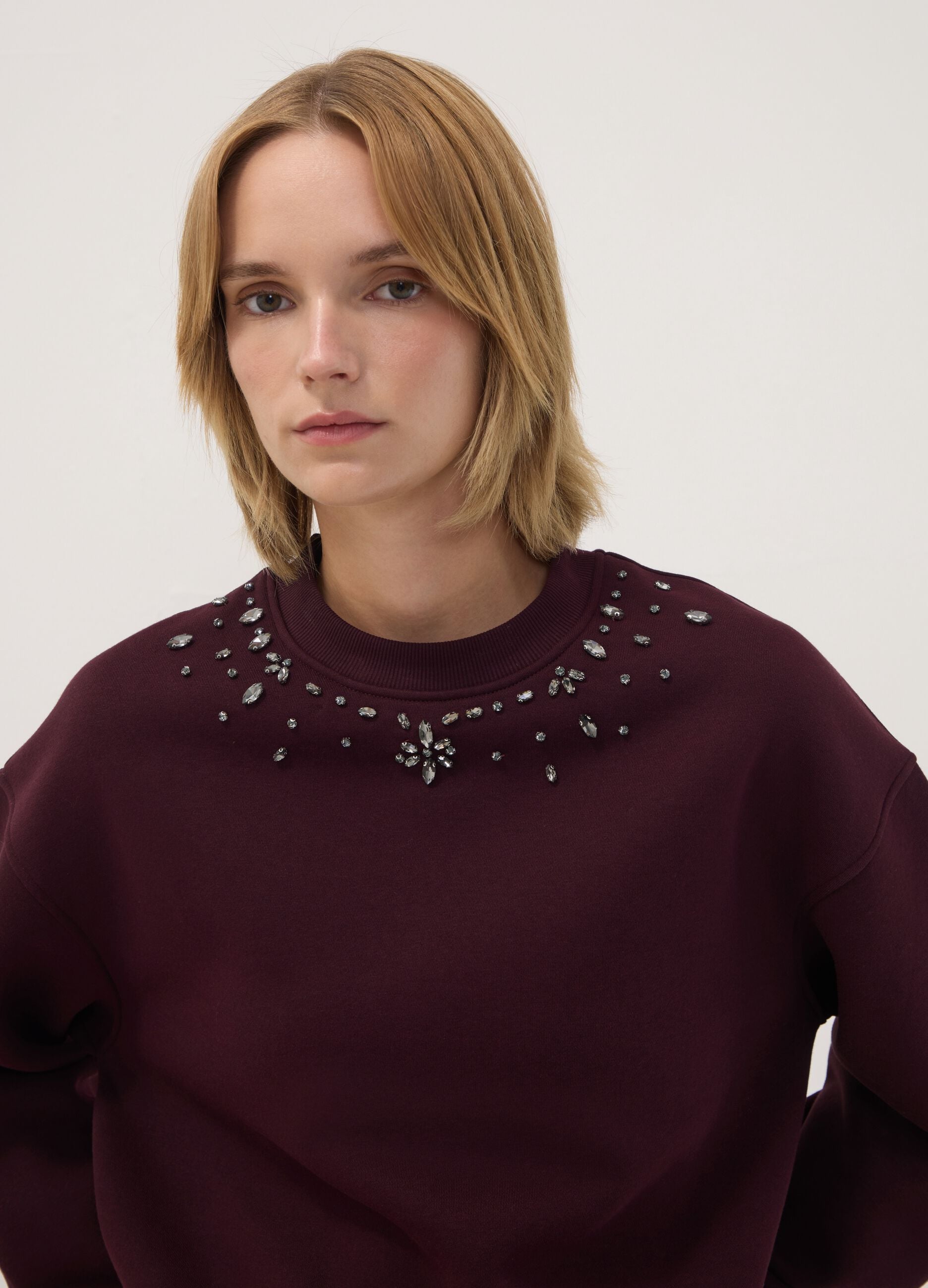 Red relaxed-fit cotton-blend crew-neck sweatshirt with rhinestones