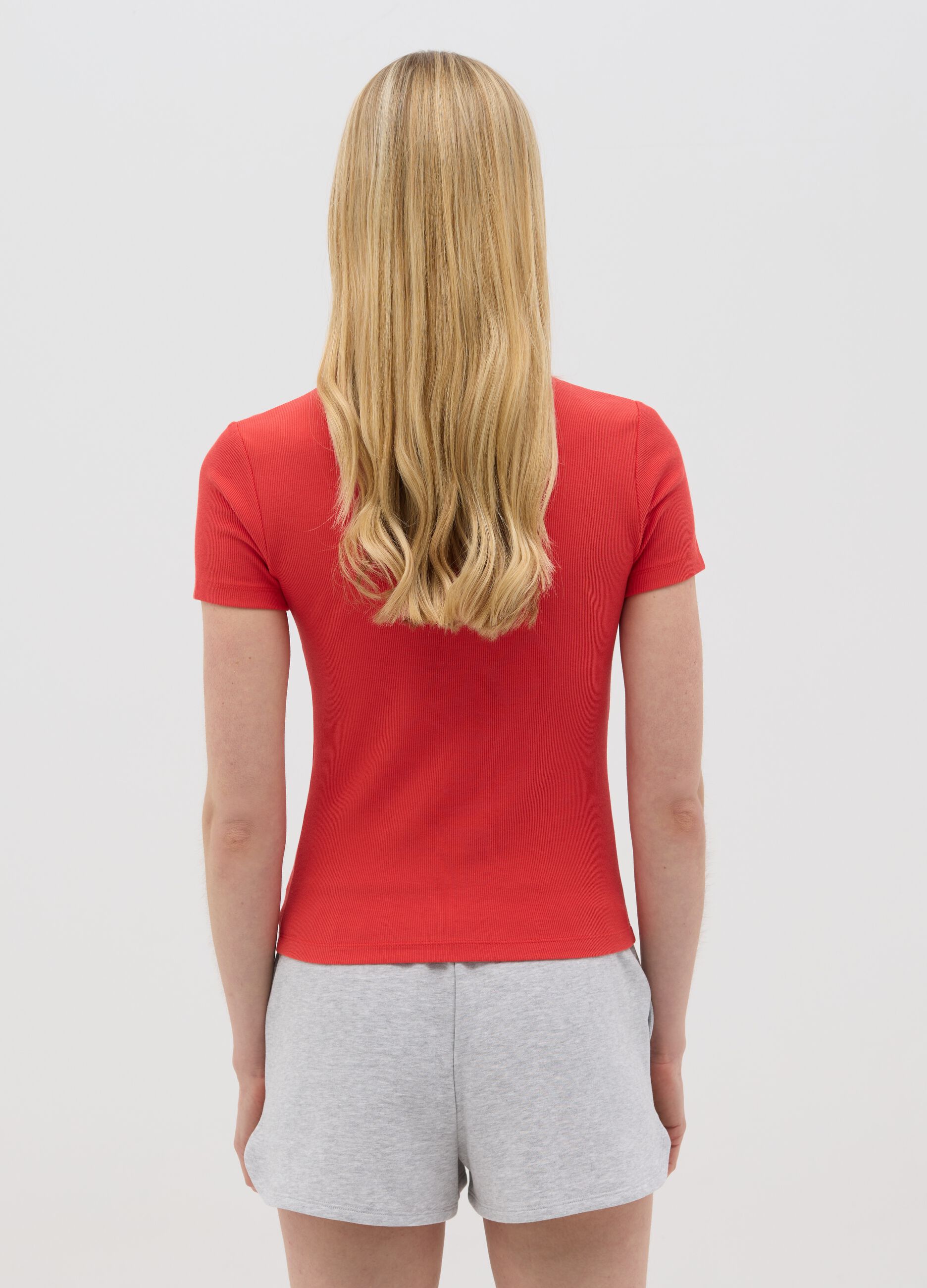 T-shirt da donna in cotone elasticizzato rossa regular fit