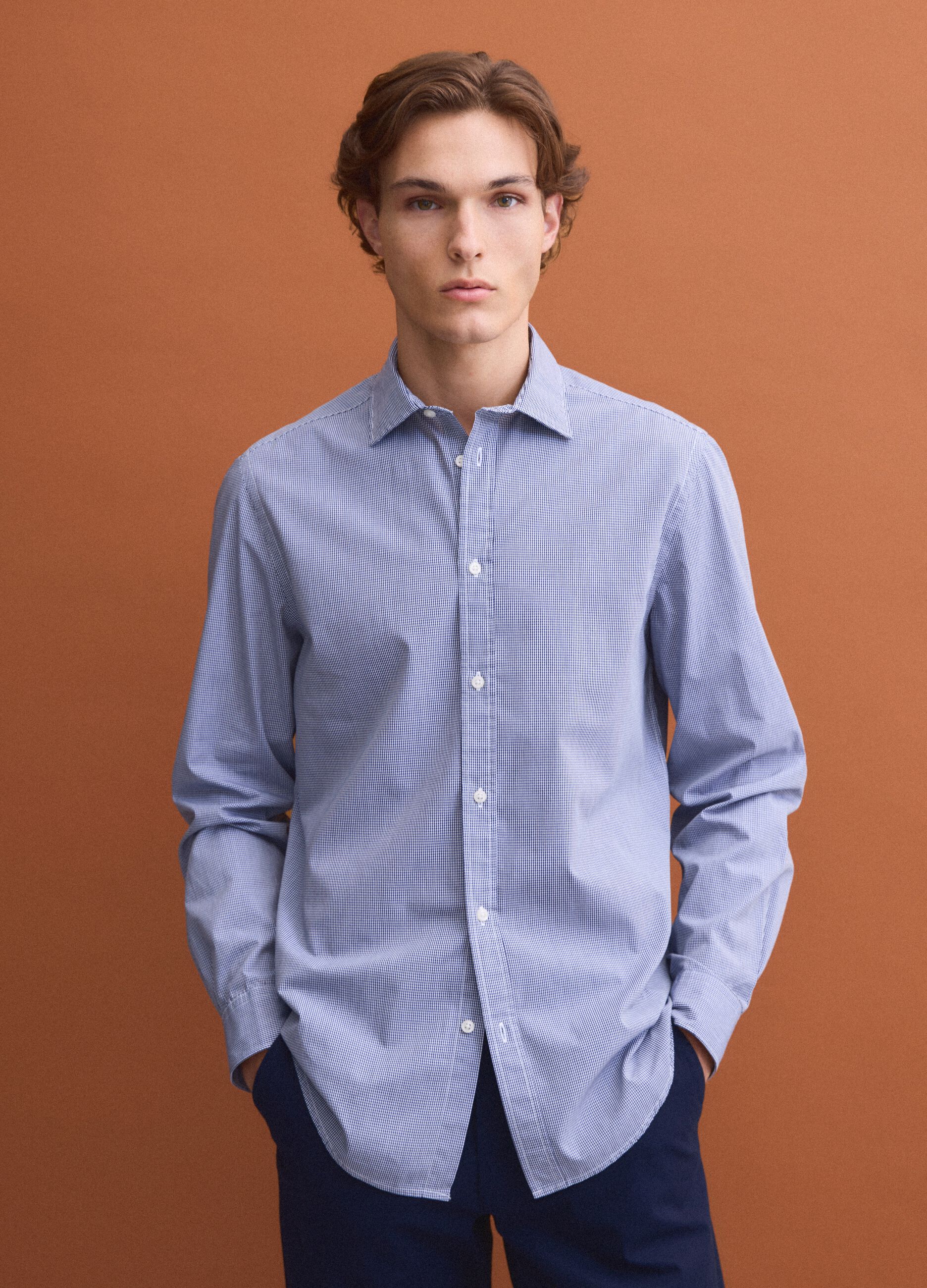 Light blue pure cotton poplin check shirt, regular fit