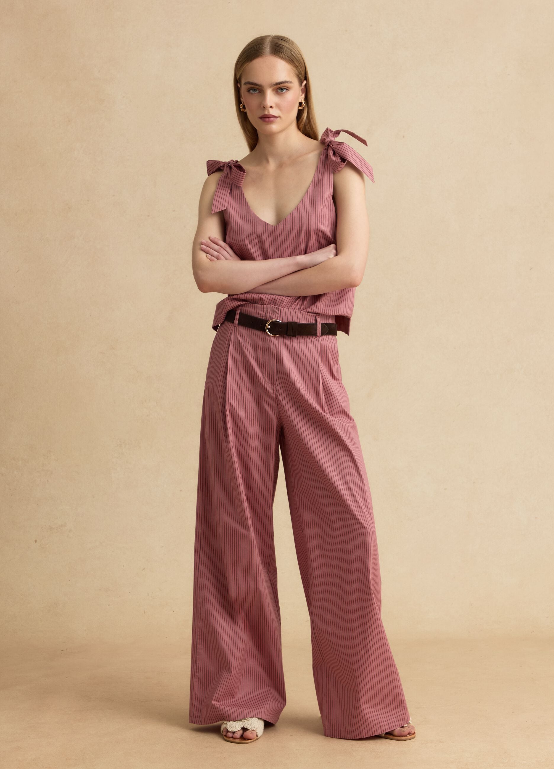Pantaloni rosa palazzo in cotone elasticizzato a righe