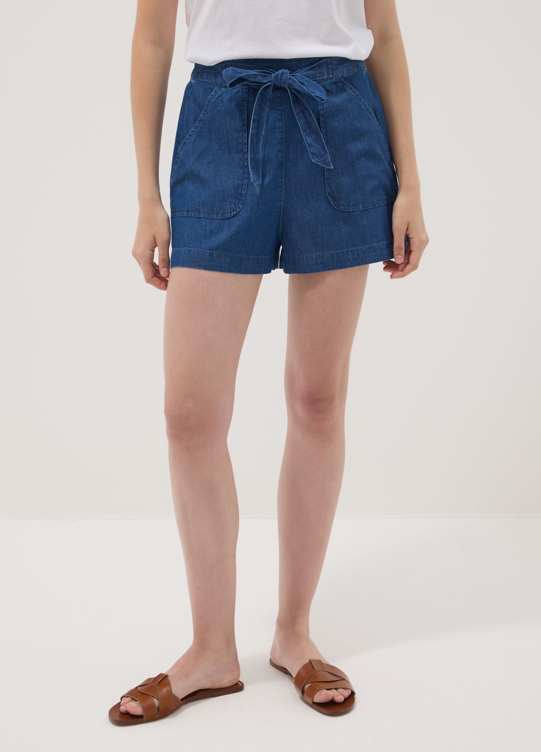 Blue pure cotton denim shorts with elasticated waist, regular fit