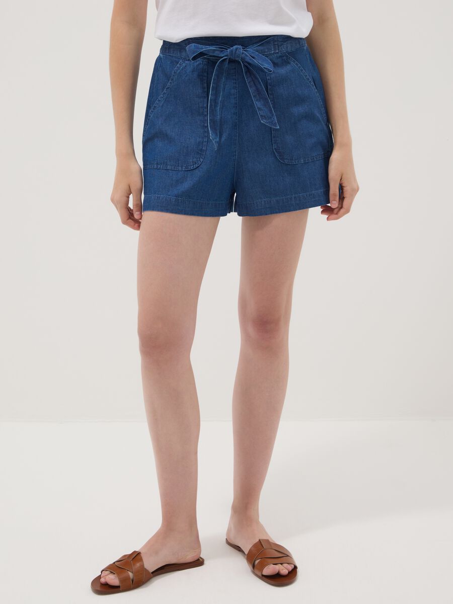 Blue pure cotton denim shorts with elasticated waist, regular fit_1