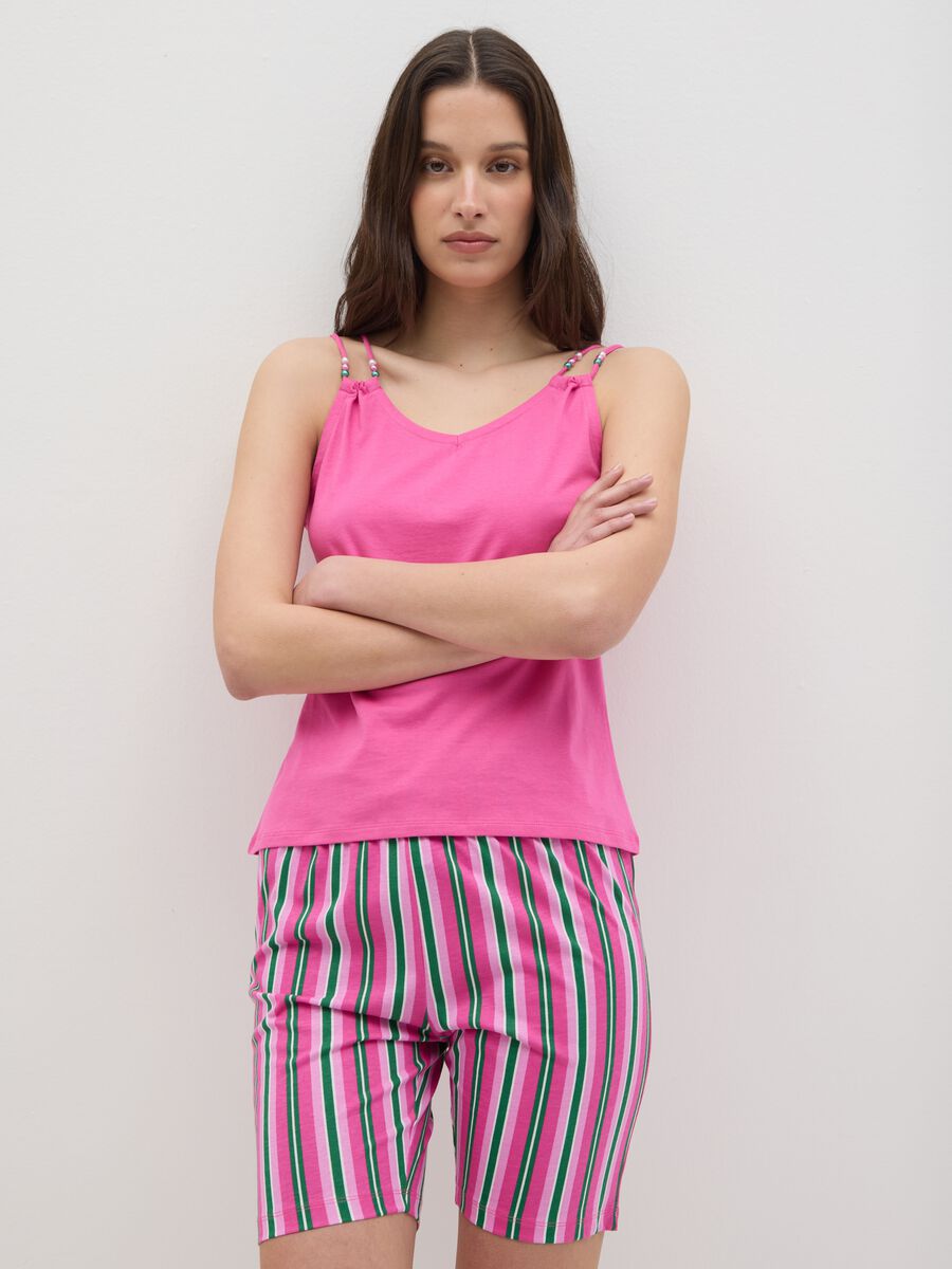 Women's summer set in multicoloured pure cotton regular fit with pink top and striped shorts_1
