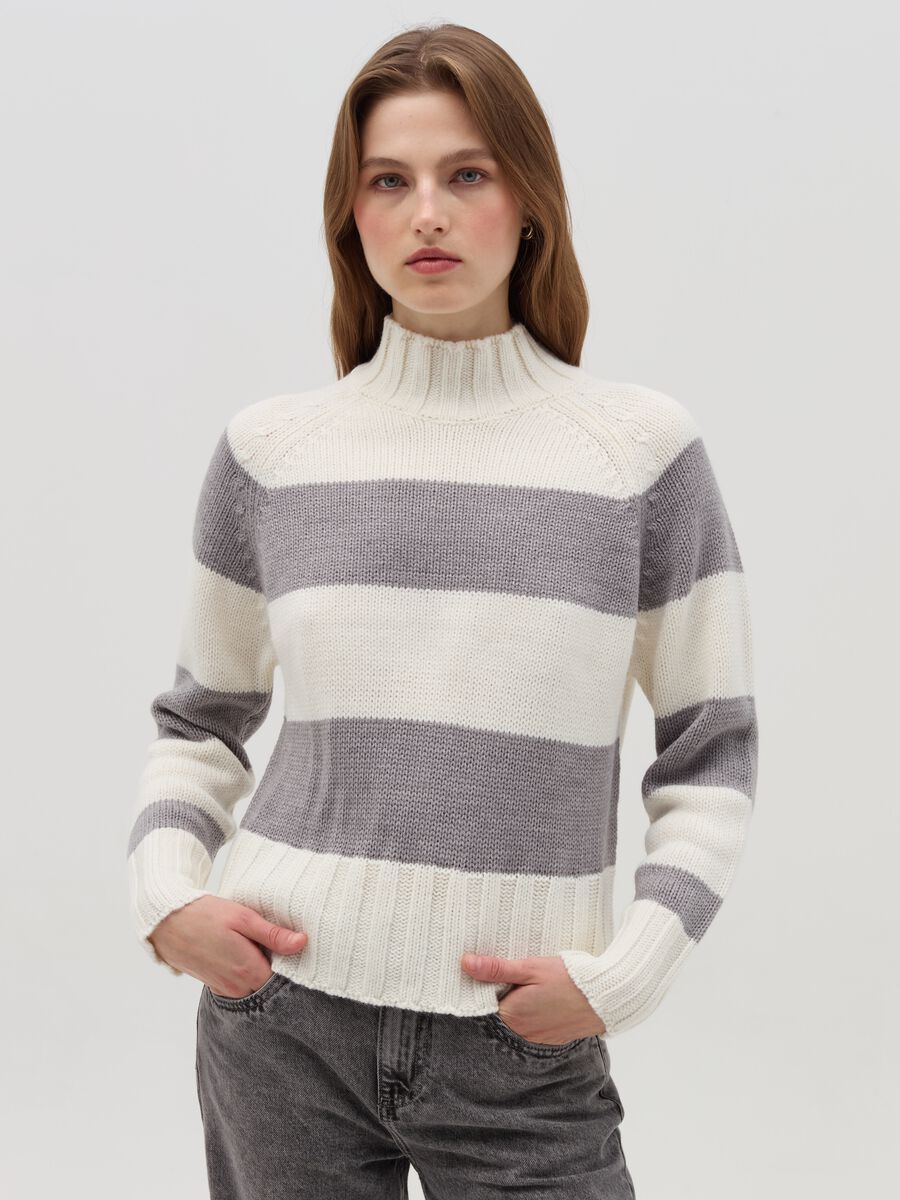 Striped knit top with mock neck_0
