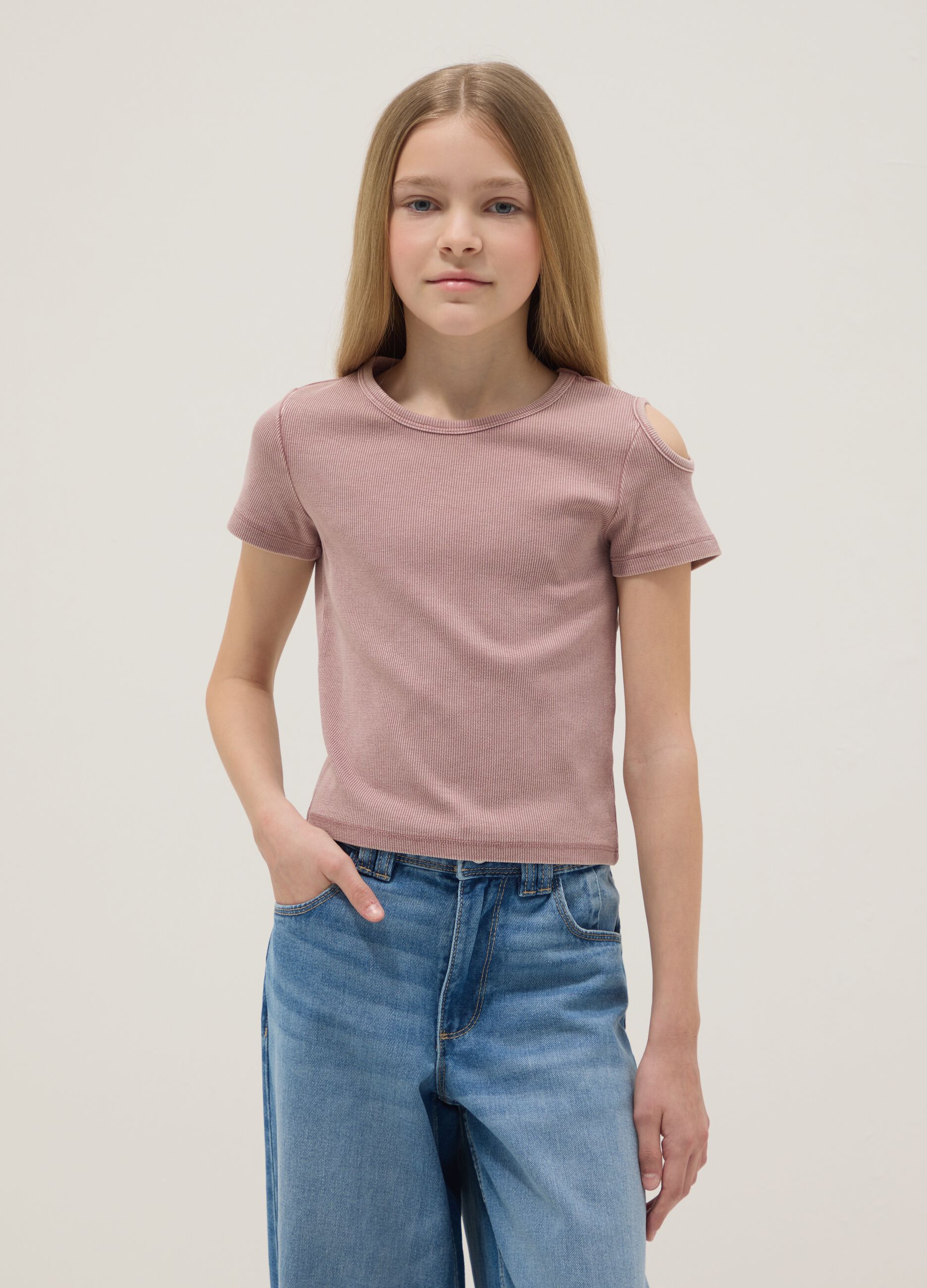 Short-sleeved pink stretch cotton t-shirt