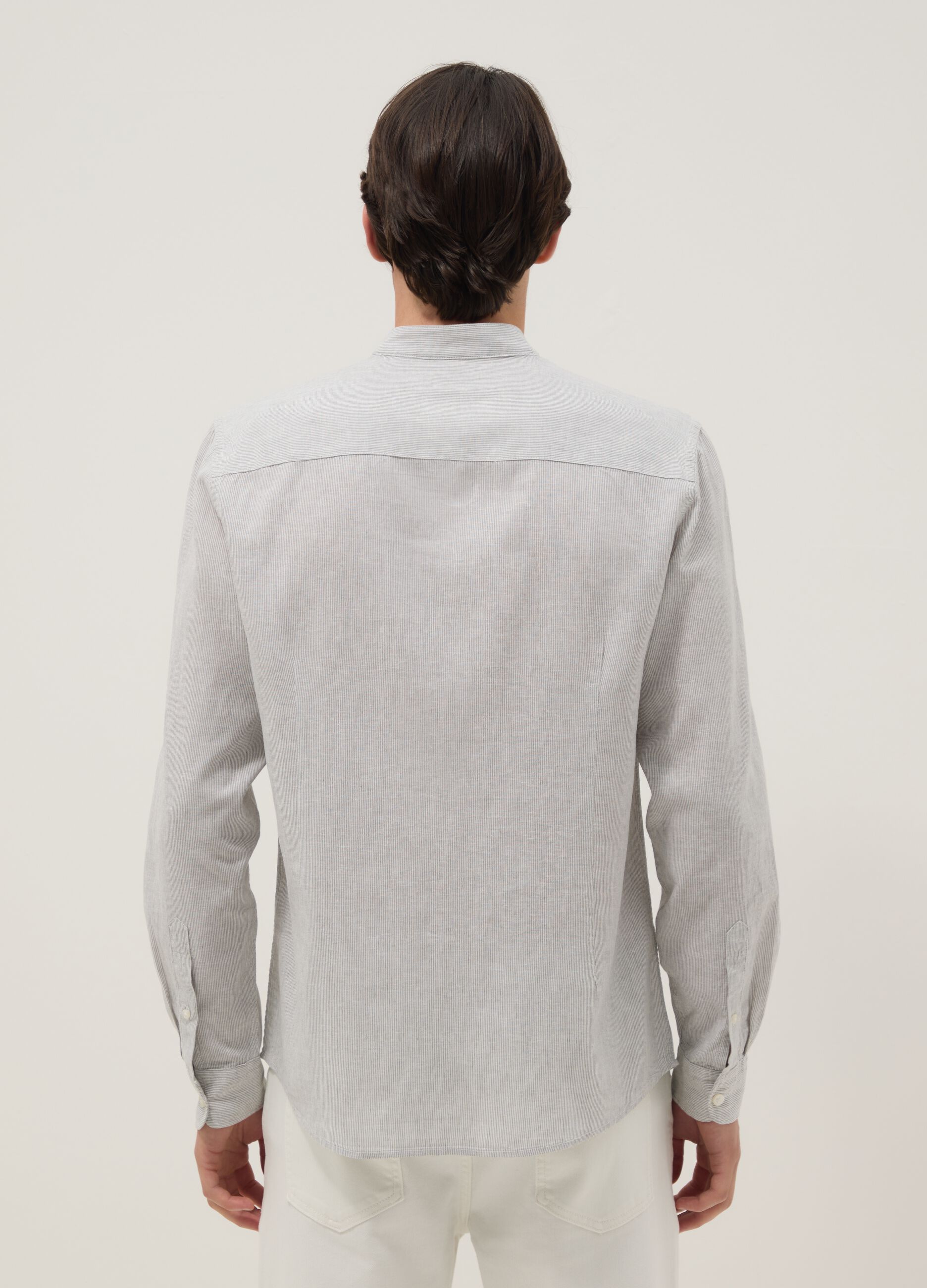 Multicolour striped shirt with mandarin collar in linen-cotton blend regular fit