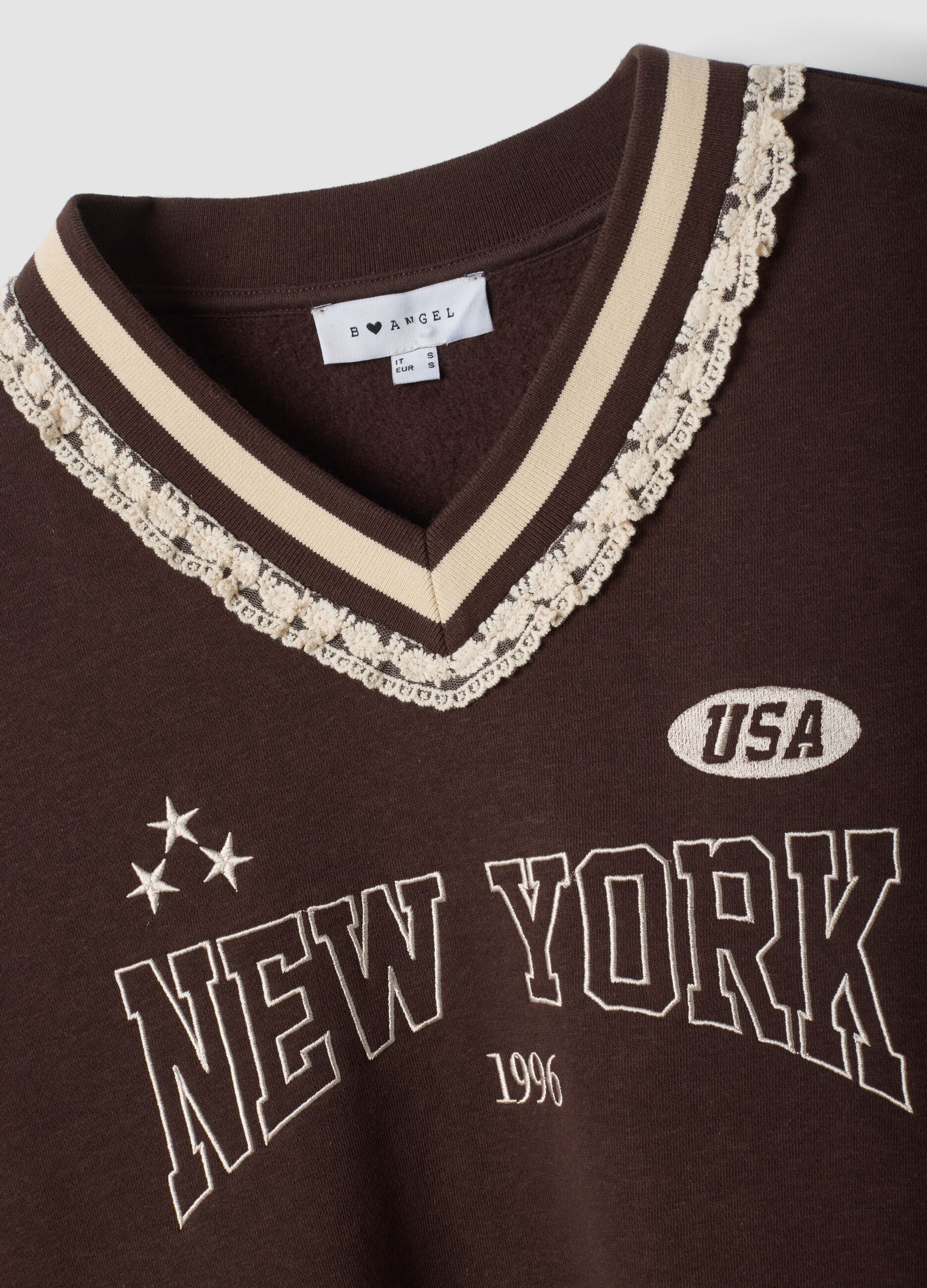 Brown cotton-blend sweatshirt with V-neck and lace detailing
