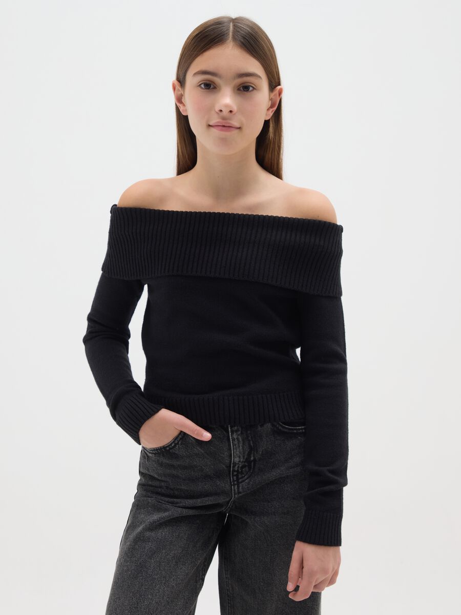 Black sweater with shawl collar for girls regular fit_0