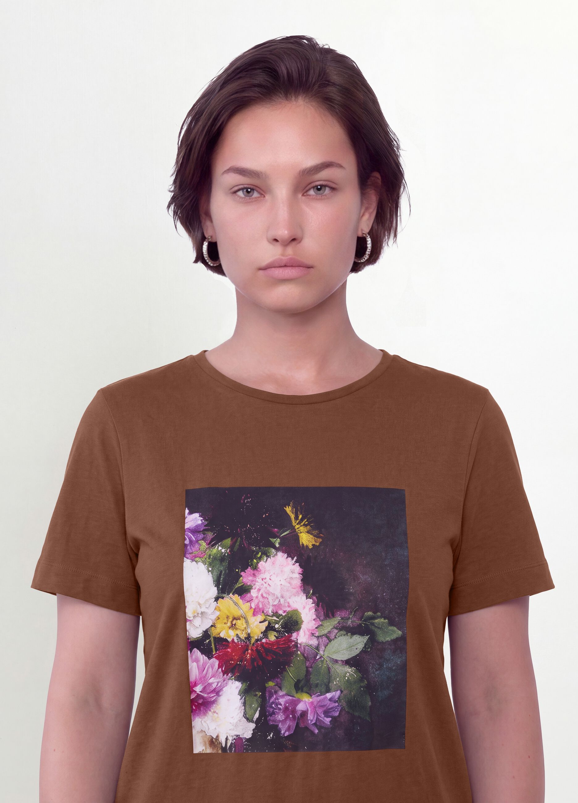 Brown pure cotton T-shirt with floral print, regular fit