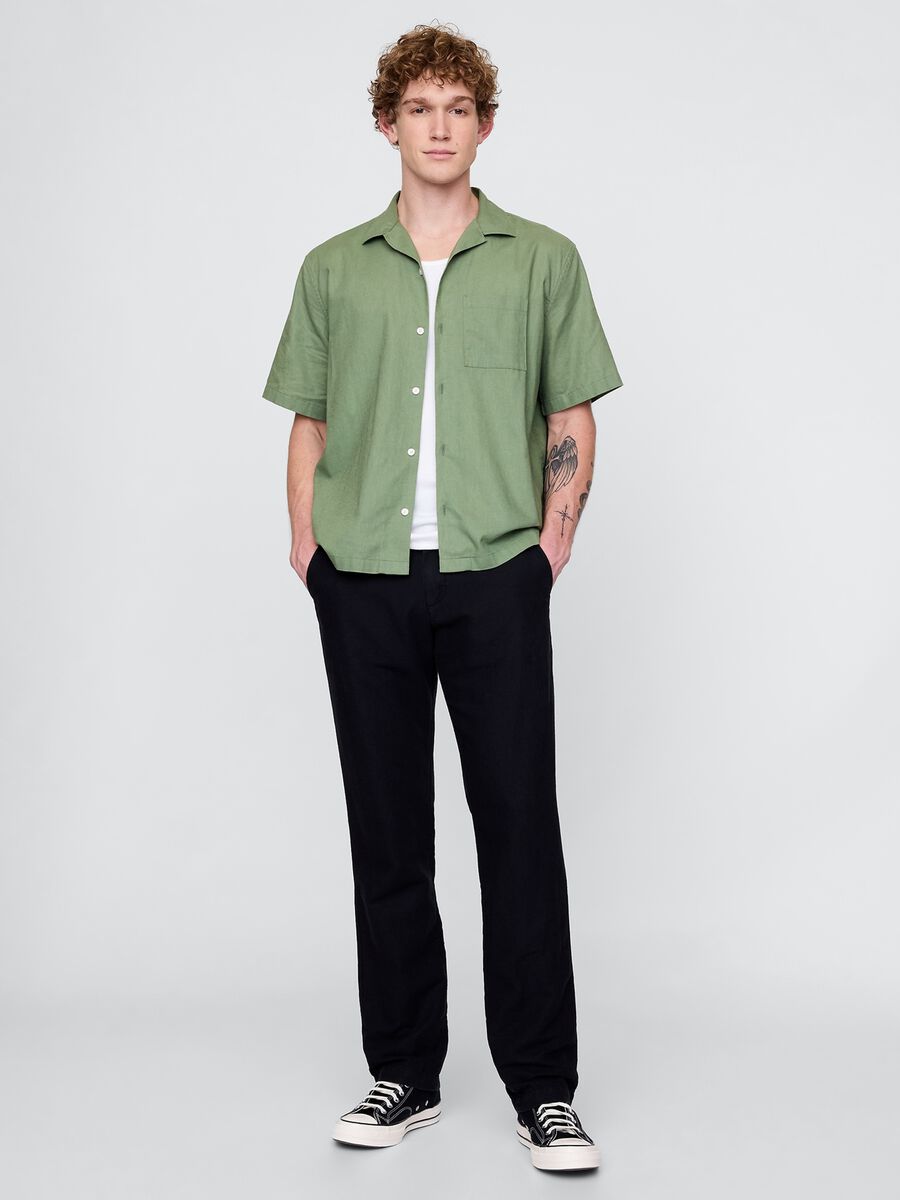 Short-sleeved green shirt in linen and cotton_1