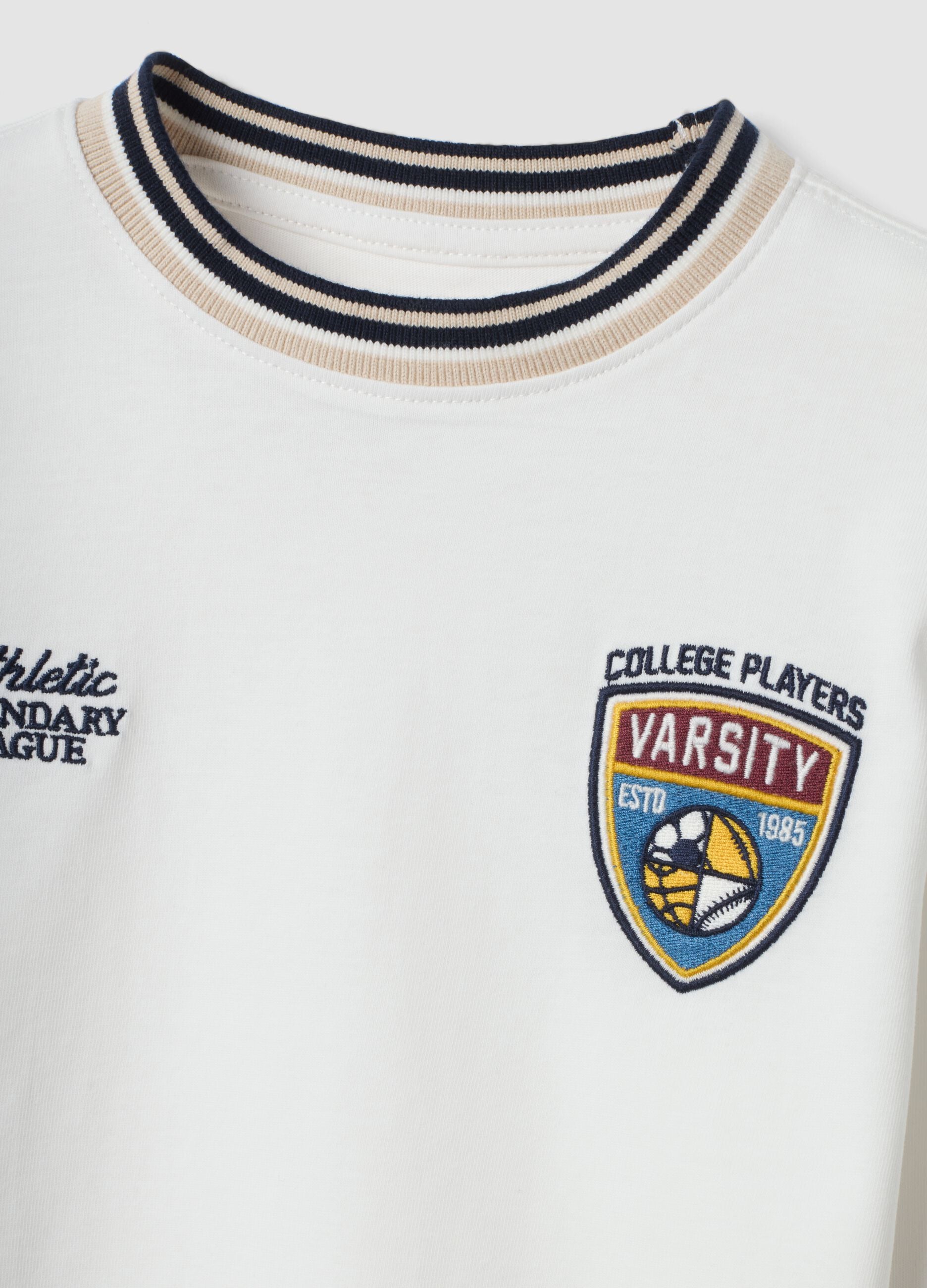 White pure cotton T-shirt with striped crew neck