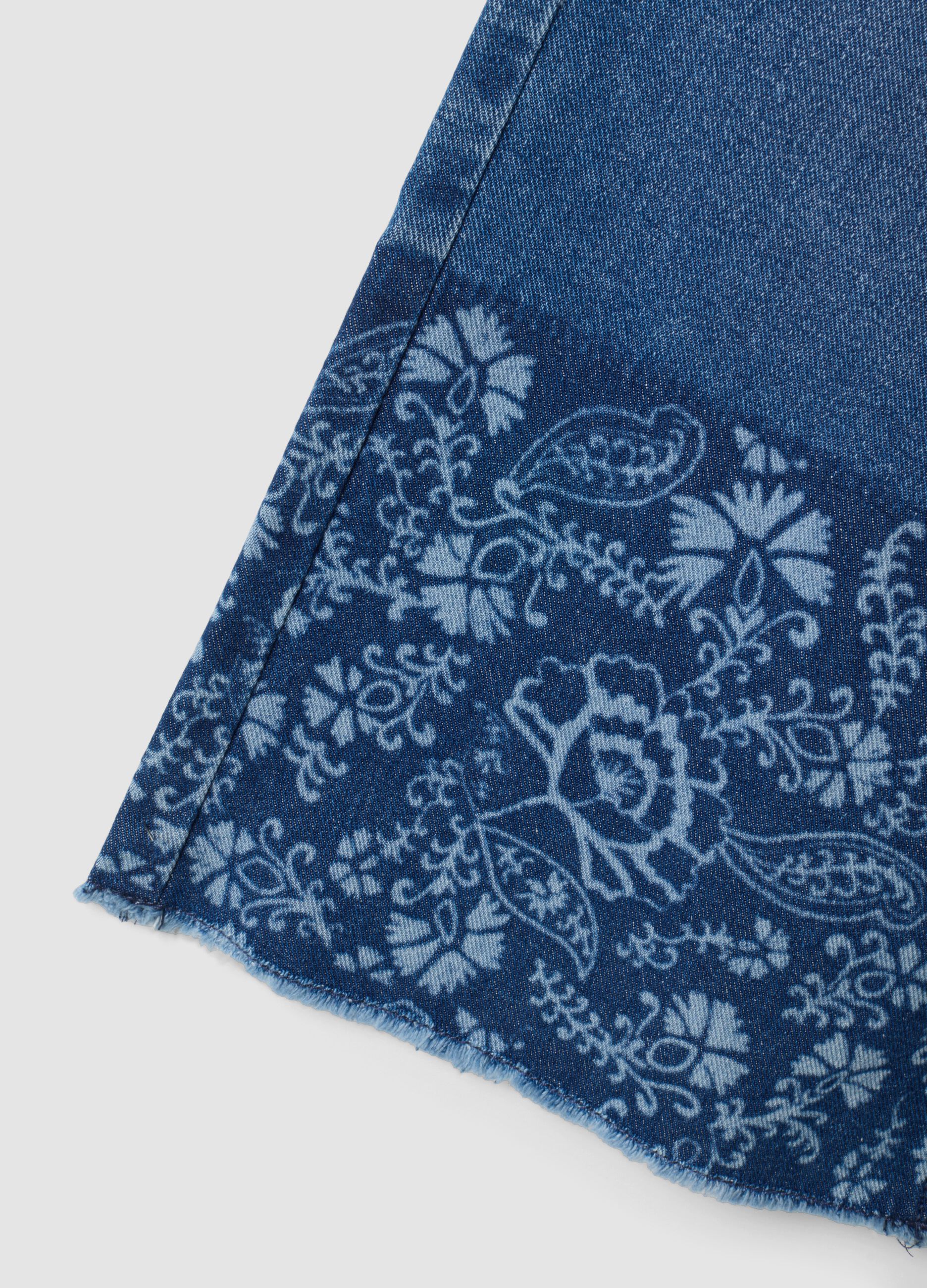Blue wide-leg pure cotton jeans with floral print for girls