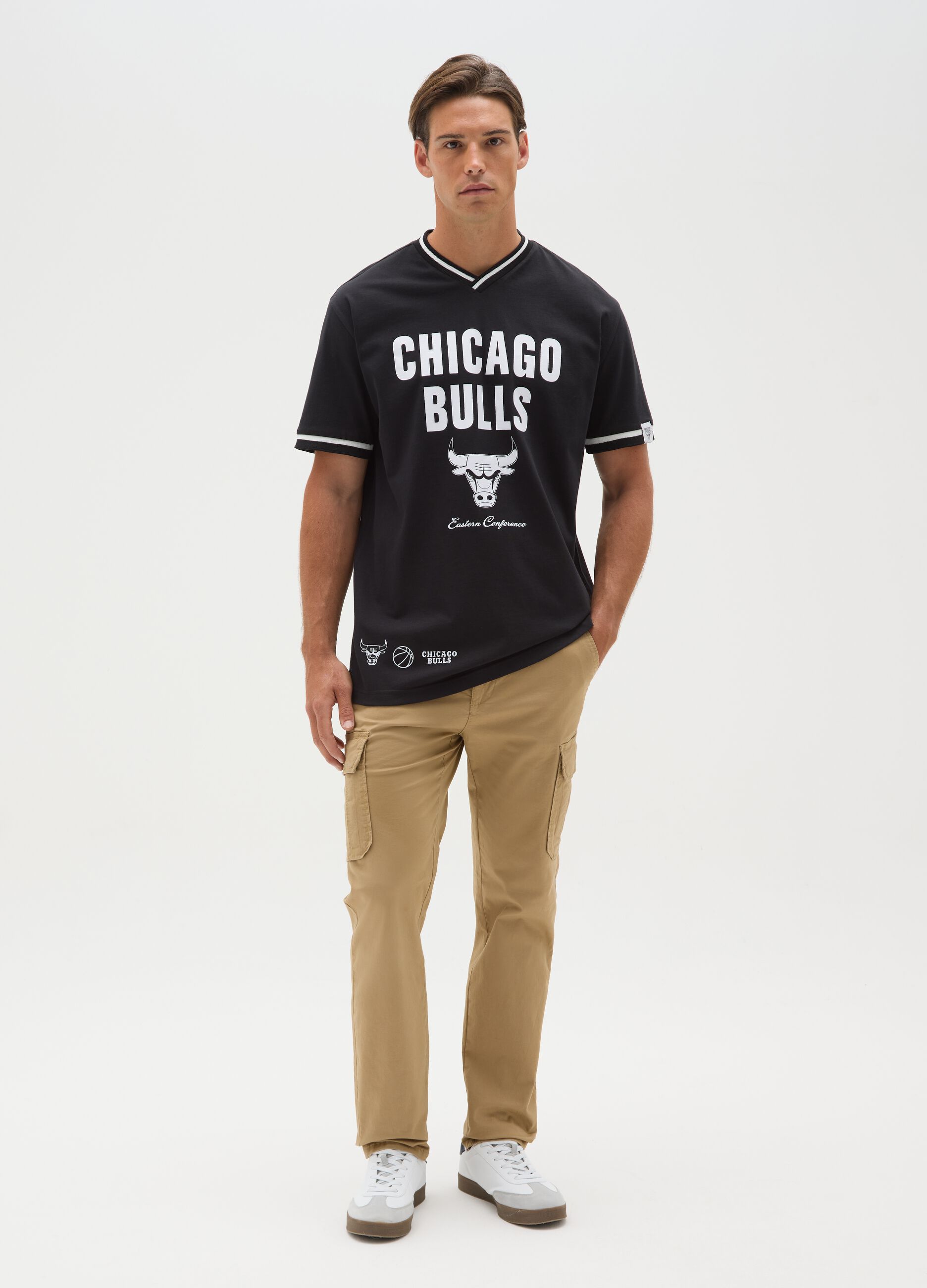 Maglia in puro cotone nera con stampa Chicago Bulls