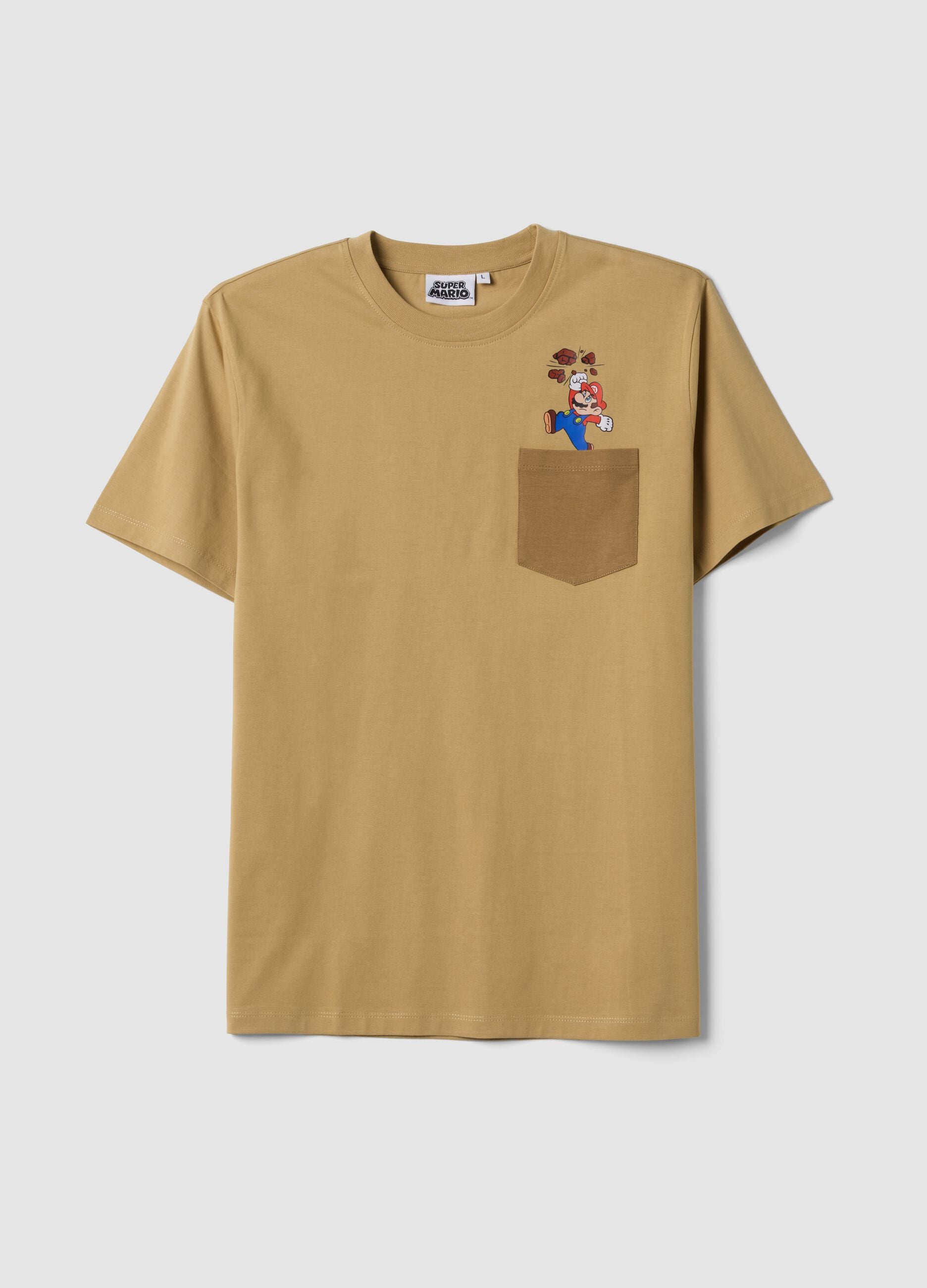 Beige pure cotton regular-fit T-shirt with chest pocket