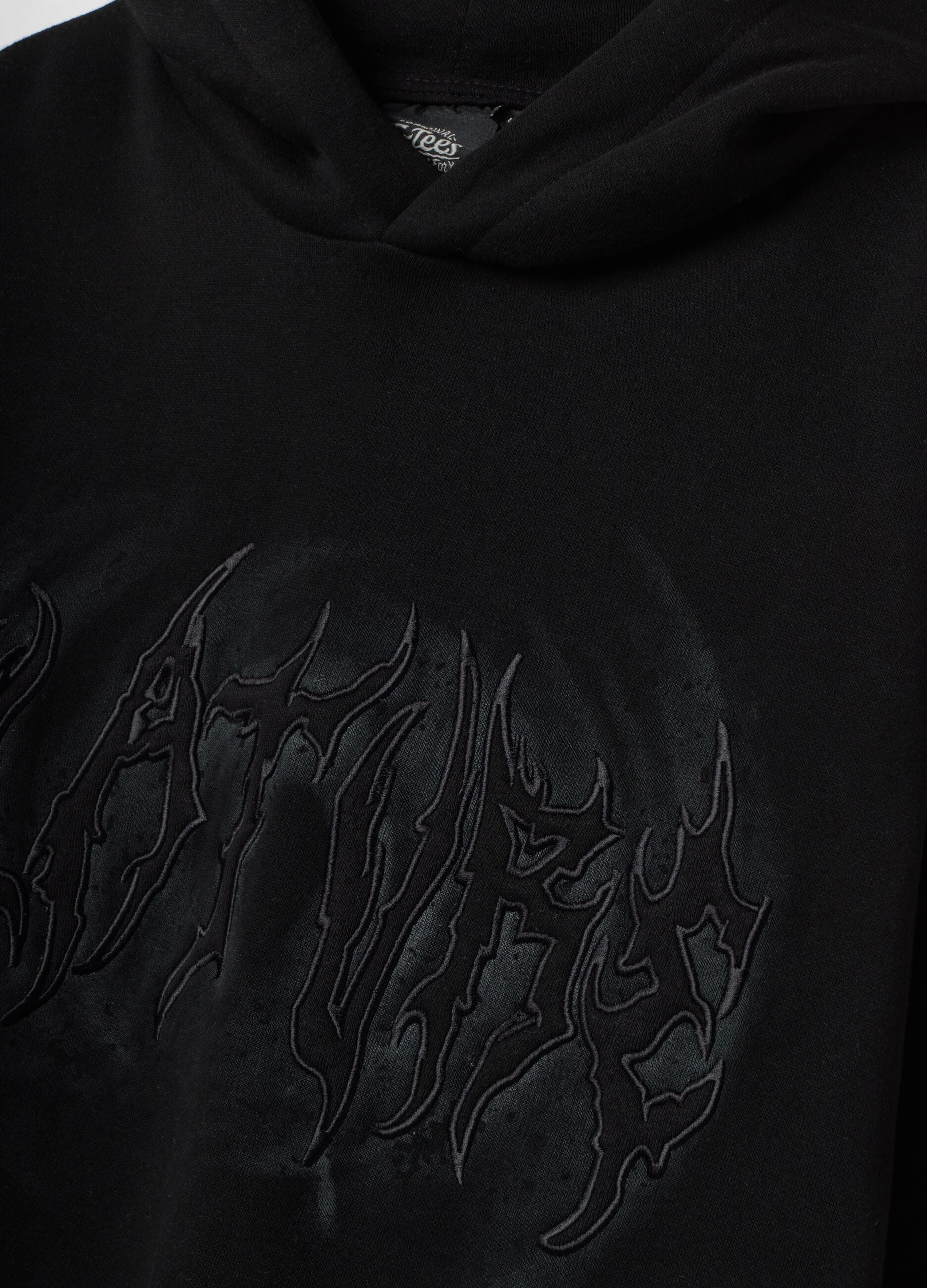 Black cotton-blend hoodie with embossed print