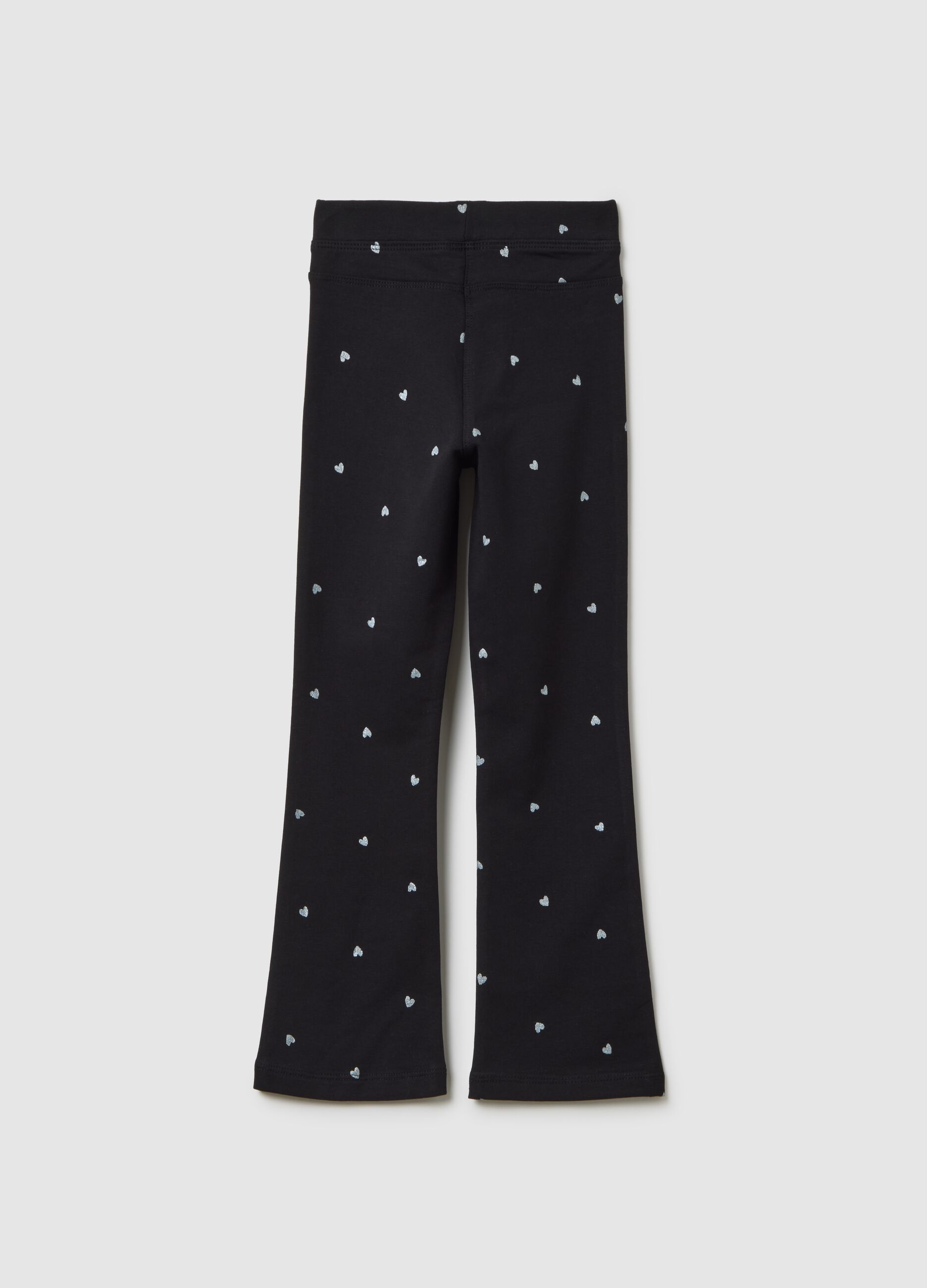 Girls' black cotton flare trousers with hearts