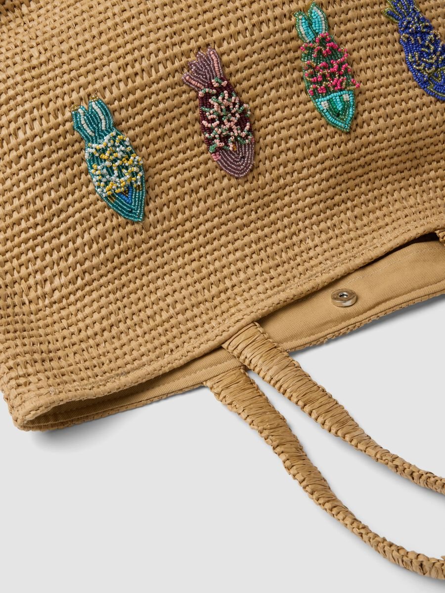 Borsa da spiaggia in misto cotone e tessuto carta beige con perline_2