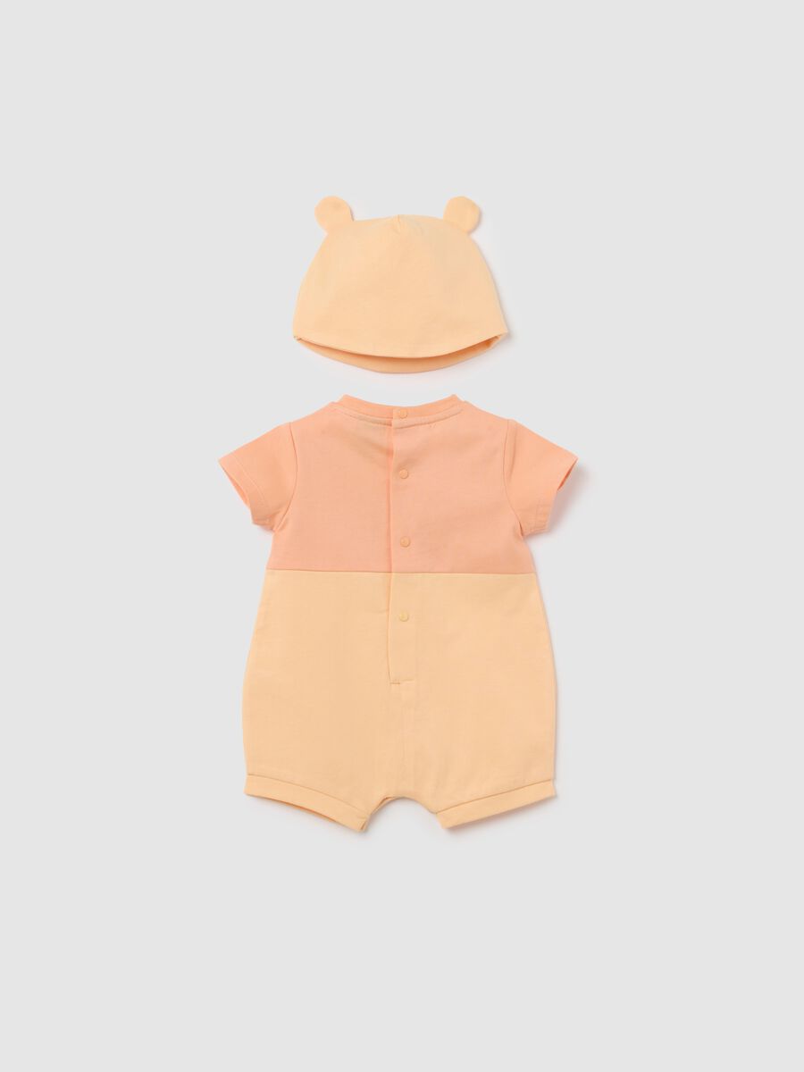 Orange and yellow Winnie the Pooh romper suit and hat set in organic cotton_1
