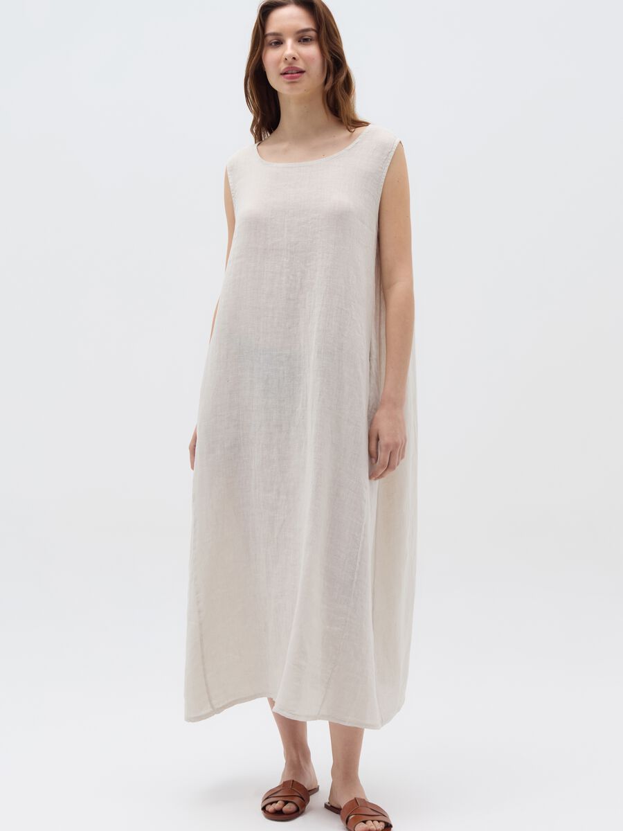 Long sleeveless dress in linen_0