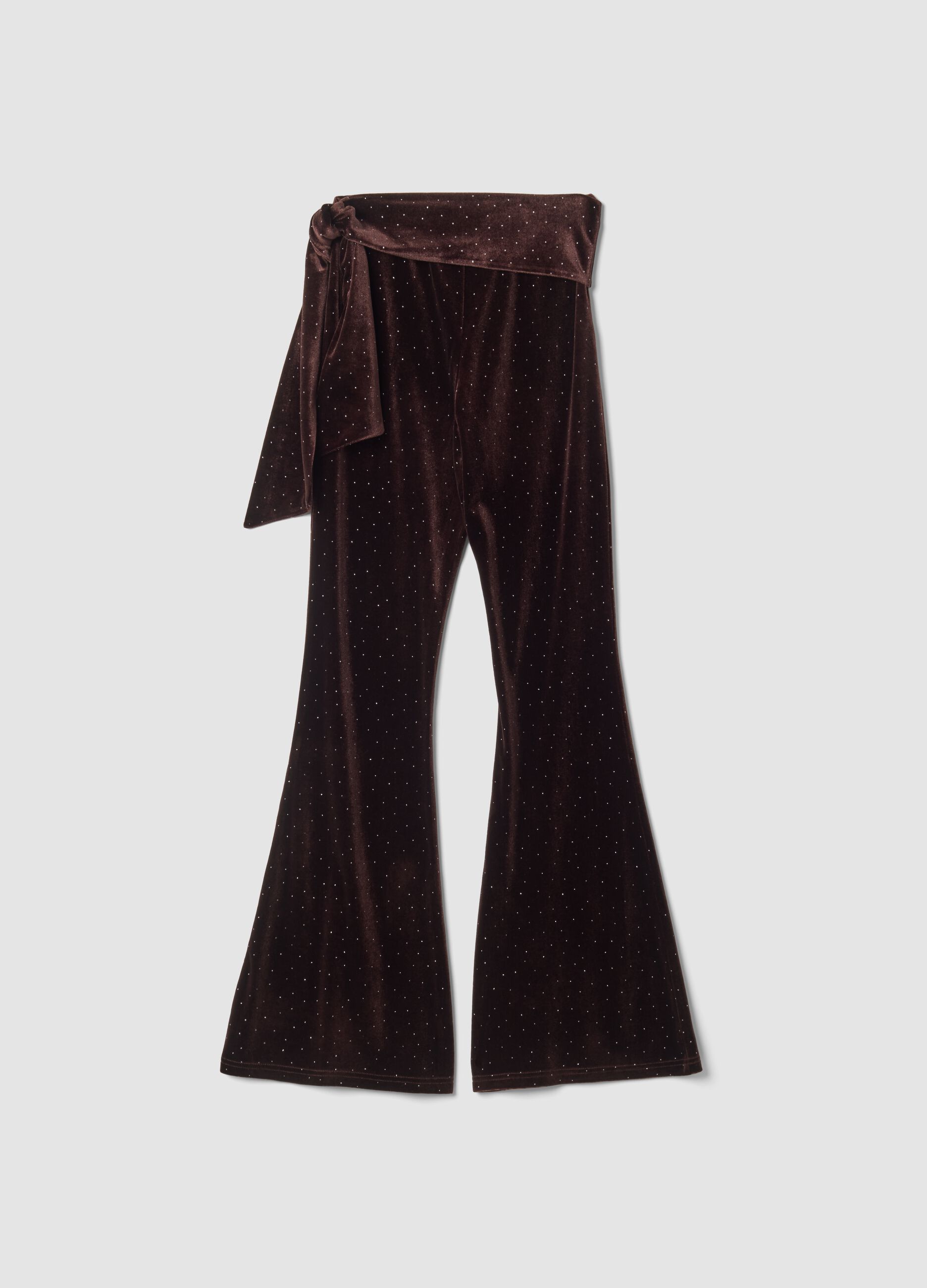 Brown stretch velour flared trousers with waist tie