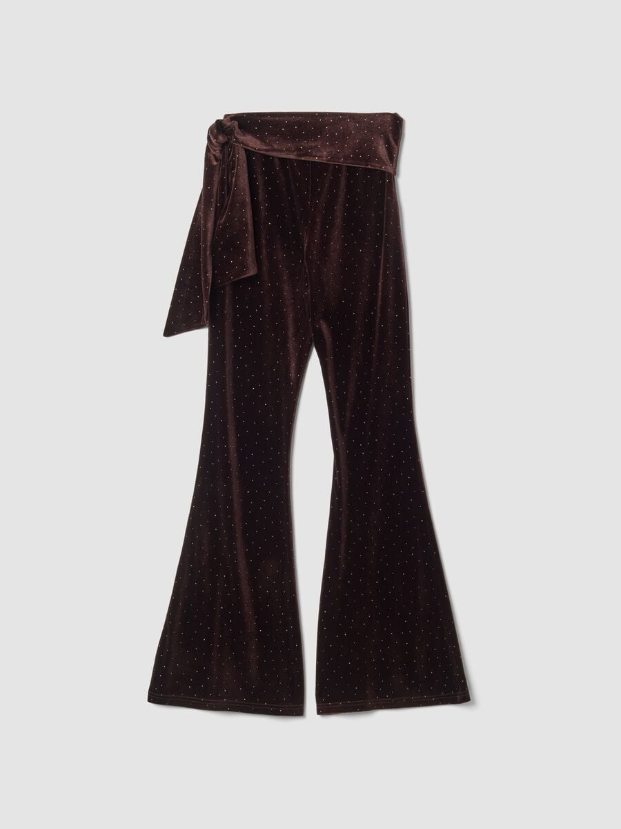 Pantaloni velour marroni flare in tessuto elasticizzato con fiocco_1