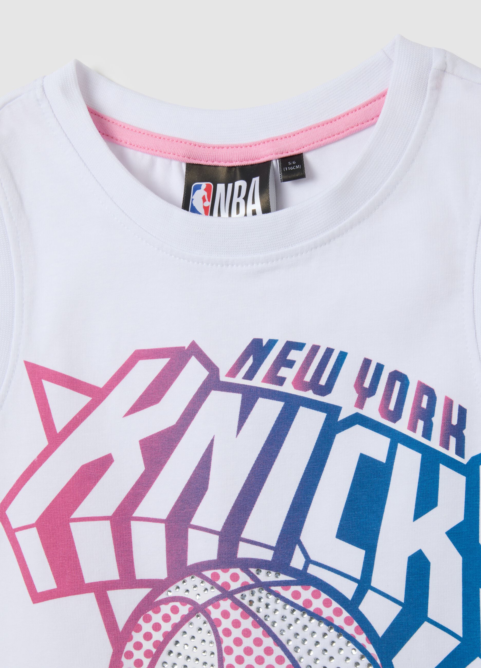 Girls' white cotton vest regular fit with New York Knicks print