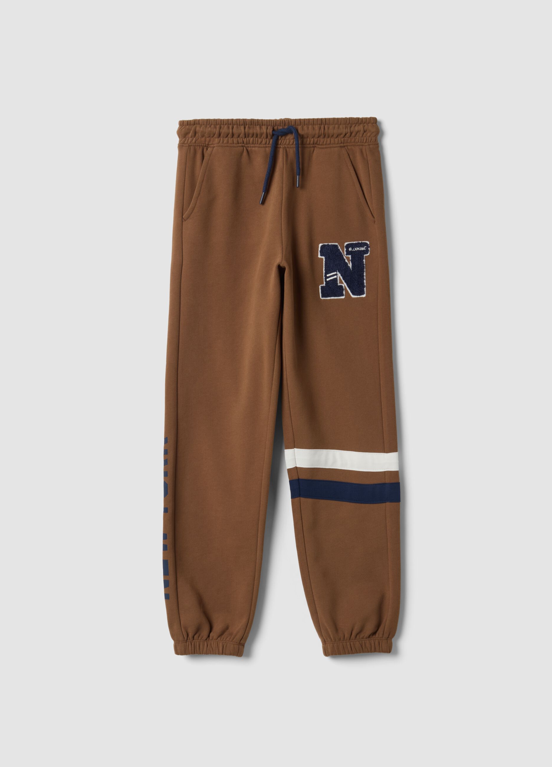 Pantaloni jogger marroni in puro cotone con bande a contrasto