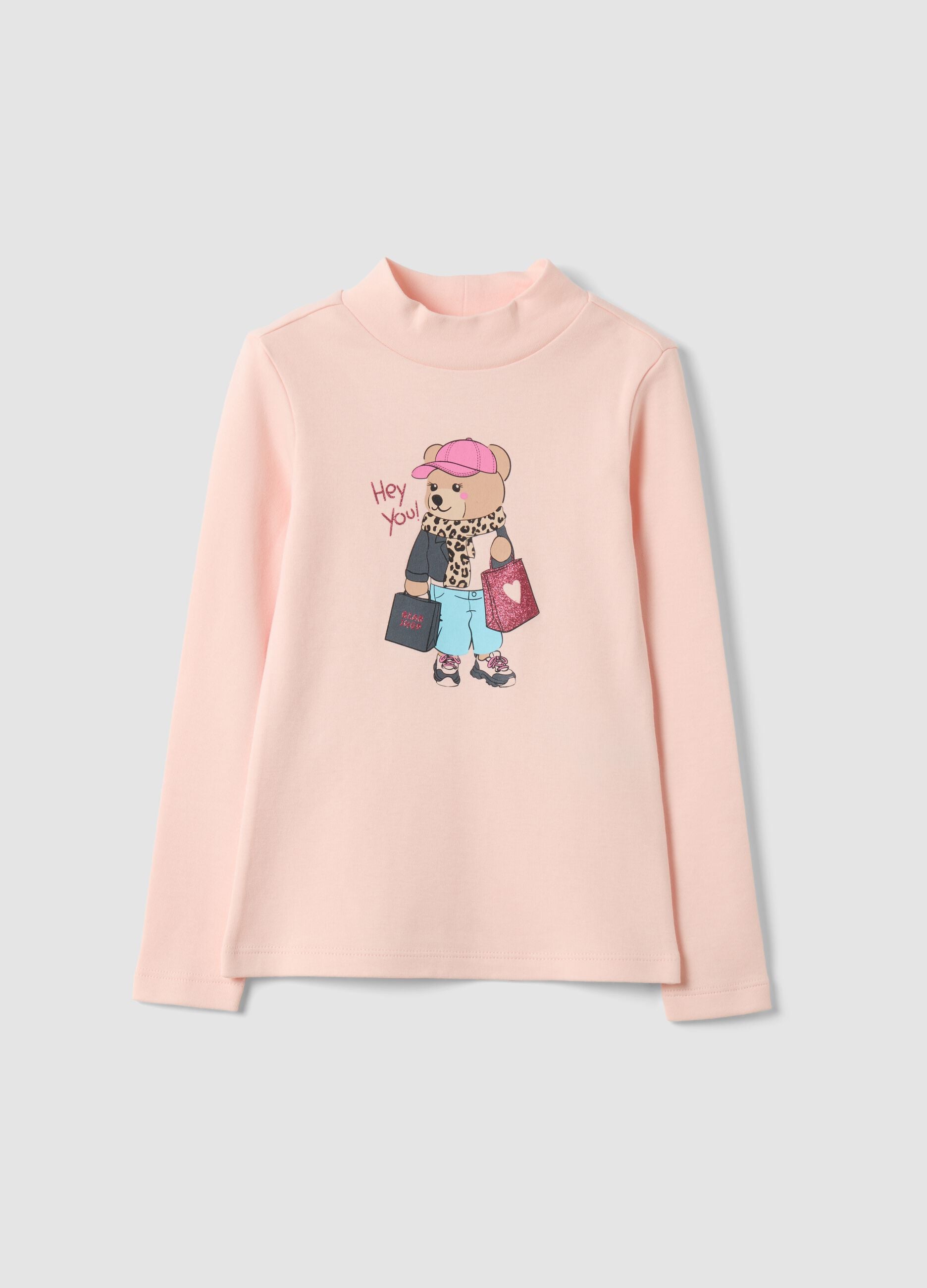 T-shirt rosa in puro cotone organico con collo rialzato e stampa orsetto