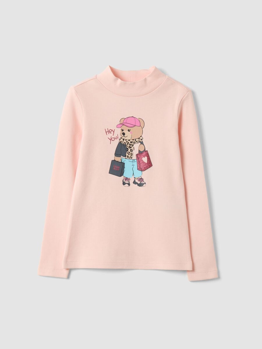T-shirt rosa in puro cotone organico con collo rialzato e stampa orsetto_0