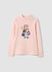 T-shirt rosa in puro cotone organico con collo rialzato e stampa orsetto_0