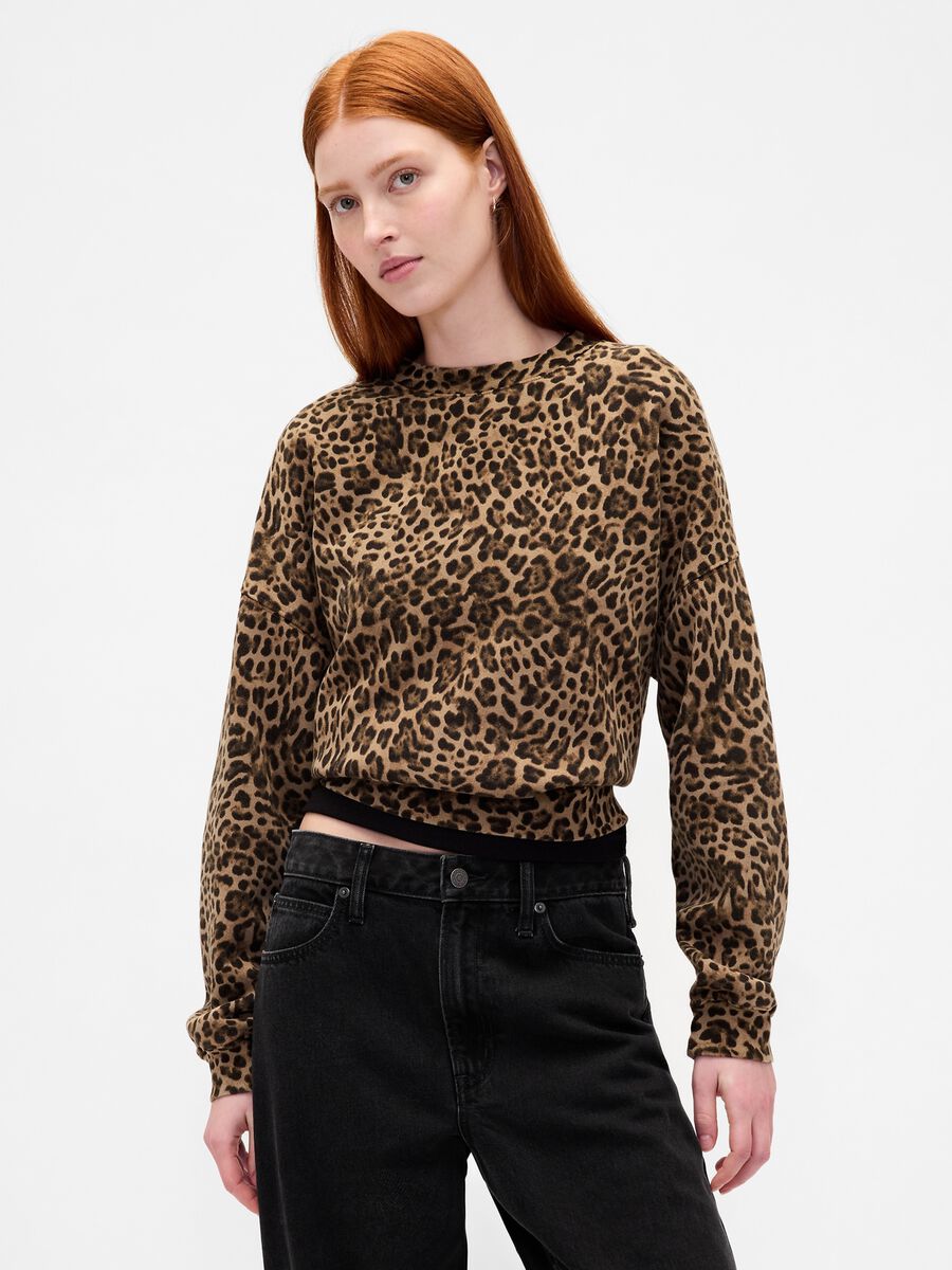 Felpa marrone leopardata a girocollo_0