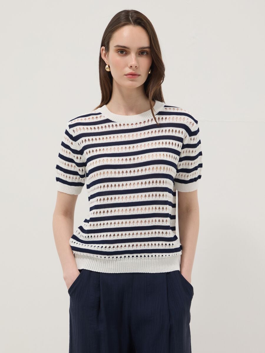 White and blue striped regular-fit openwork viscose-blend T-shirt_0