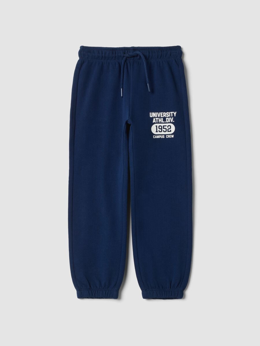 Pantaloni jogger blu in puro cotone con stampa_0