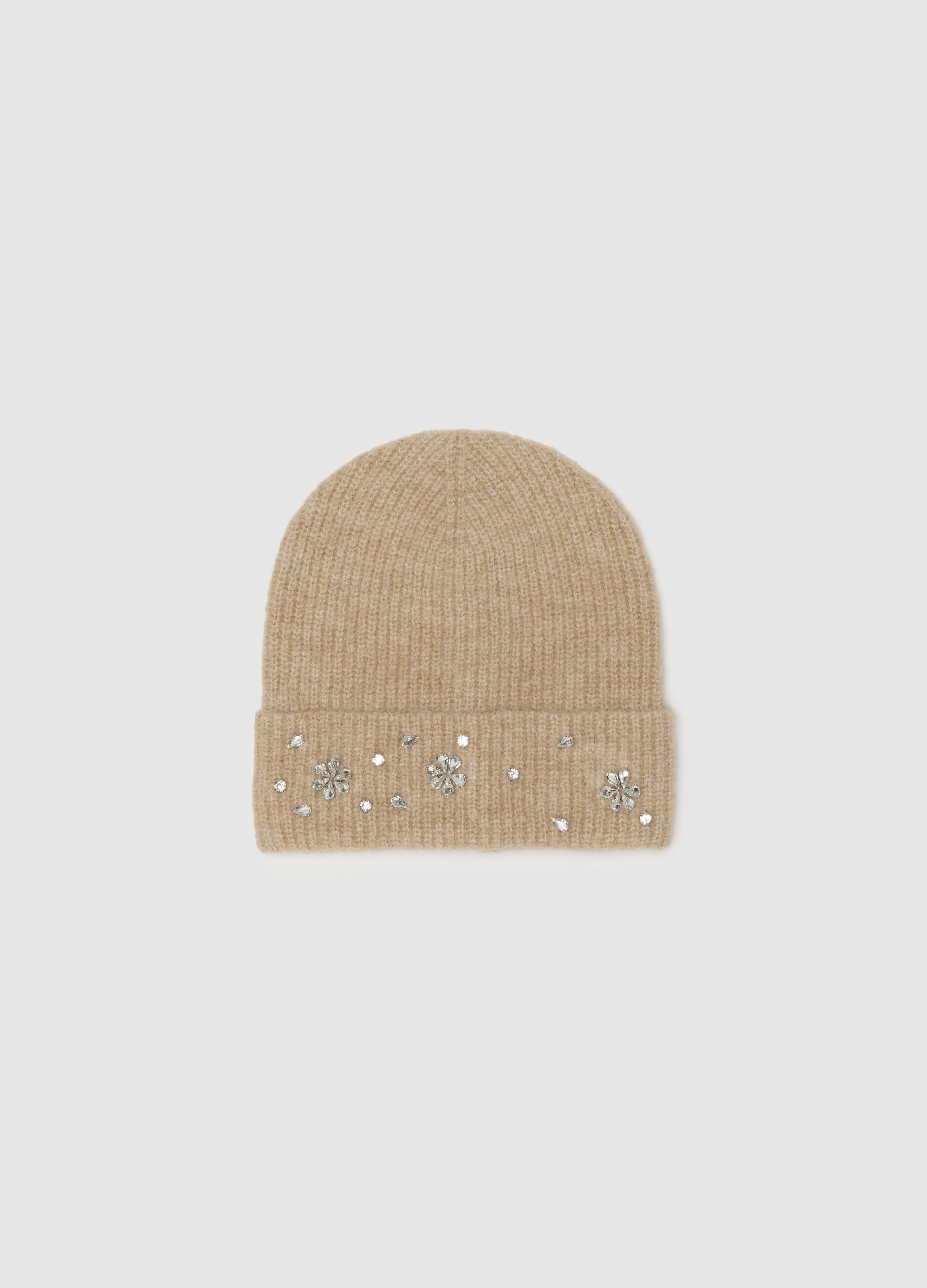 Beige Knitted Beanie Hat with Decorative Elements