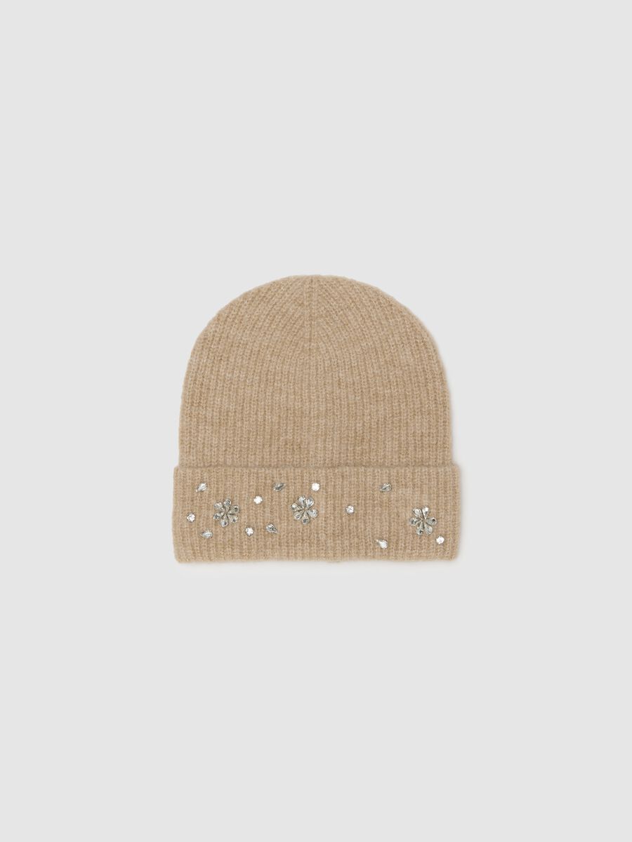 Beige Knitted Beanie Hat with Decorative Elements_0
