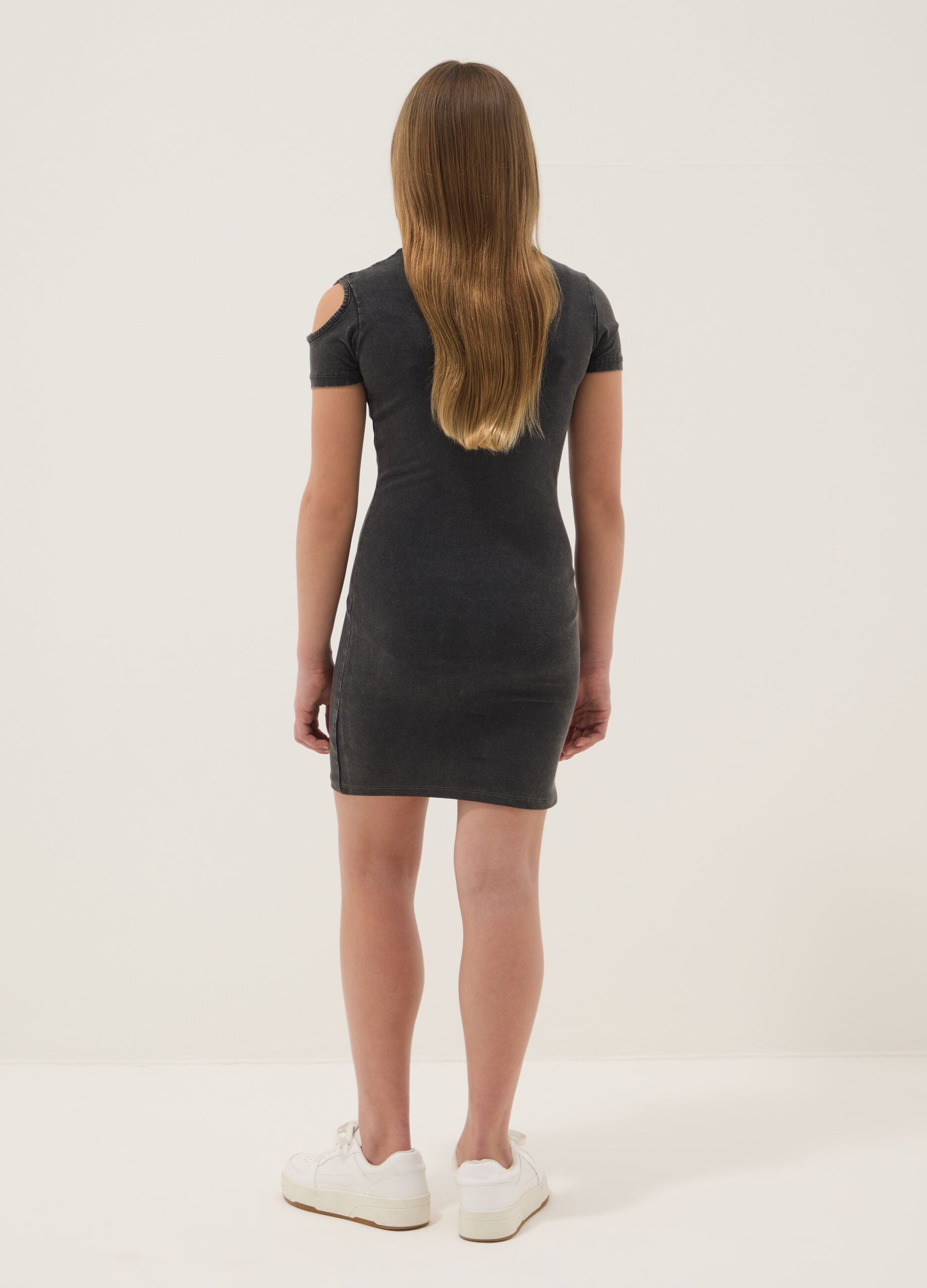 Black stretch cotton dress with shoulder cut-out