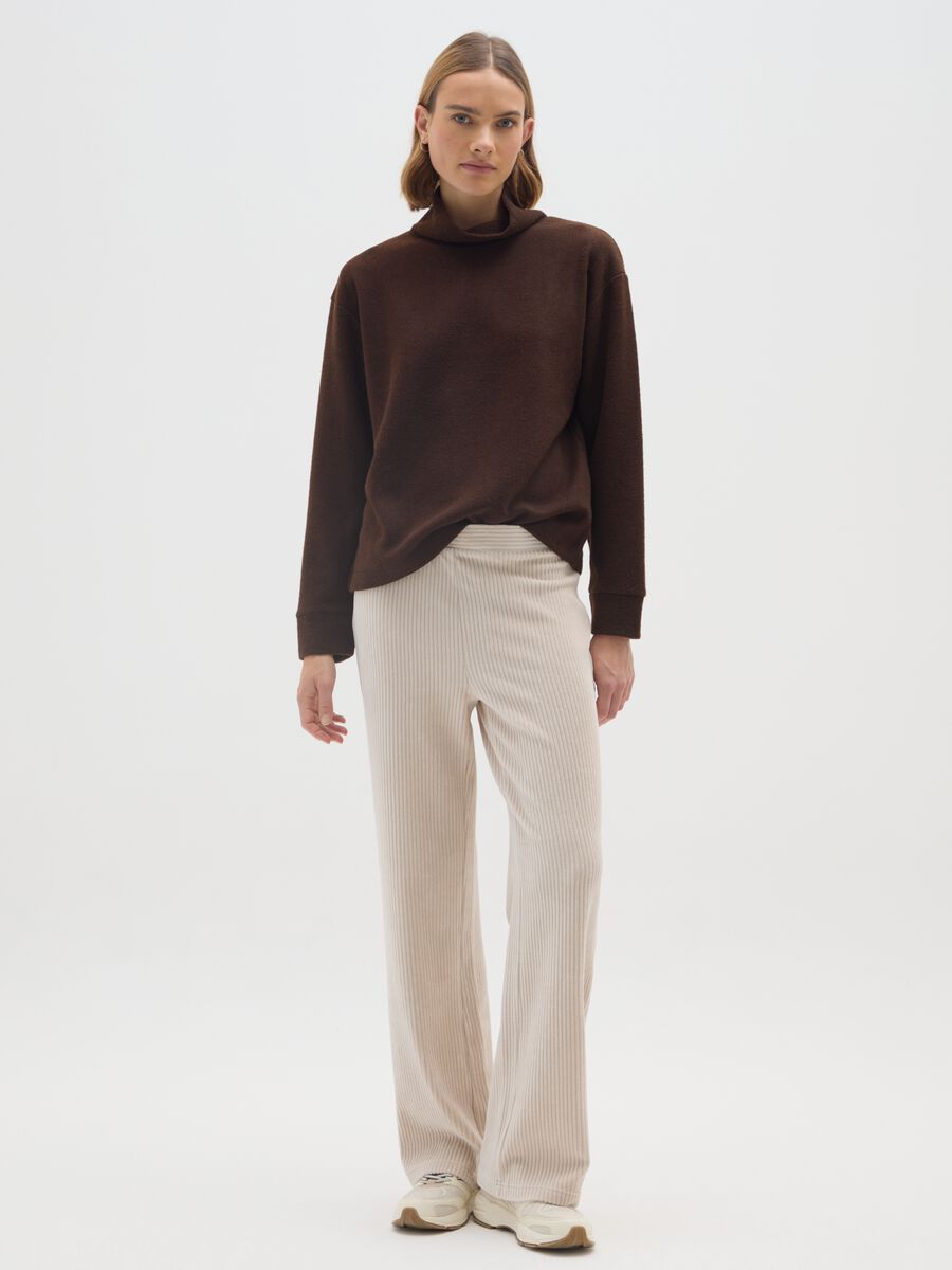 Beige wide leg stretch cotton trousers_0