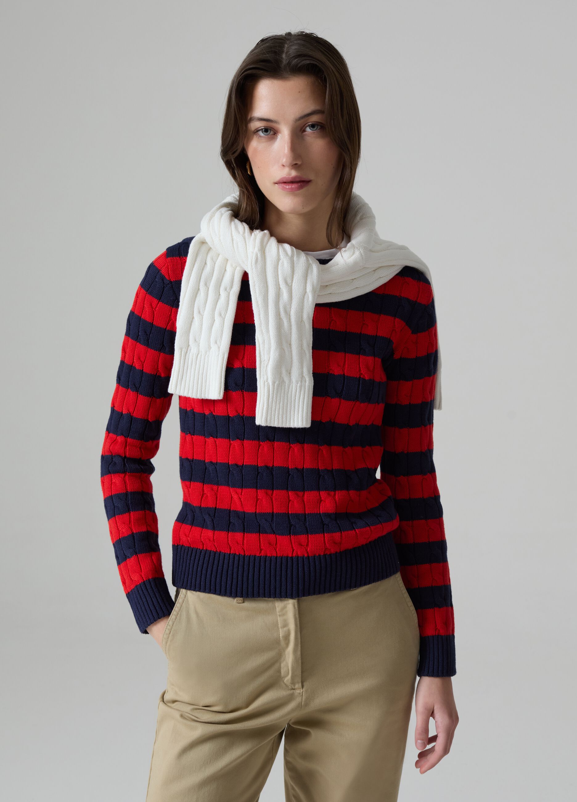Striped pullover with cable-knit design