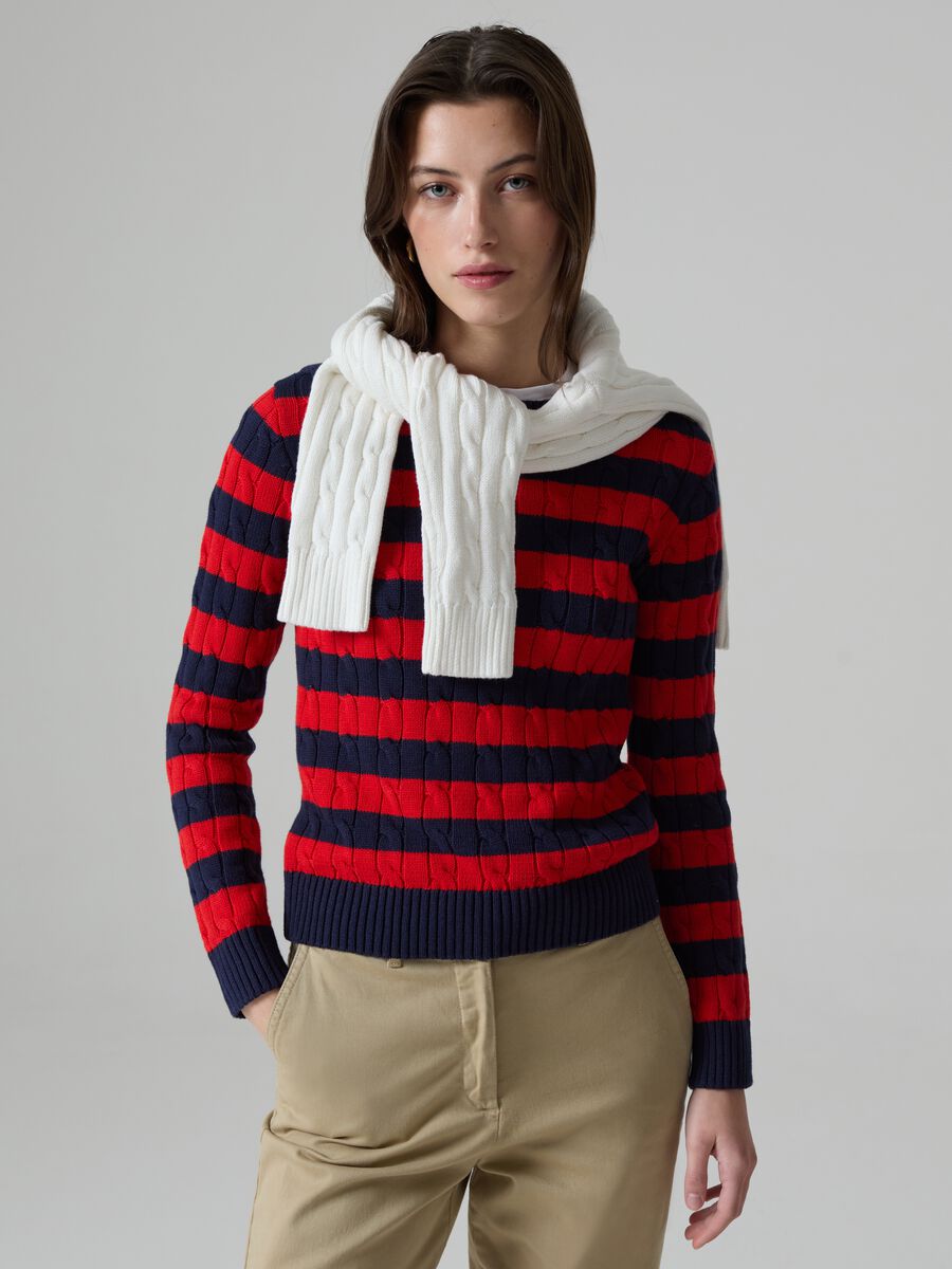 Striped pullover with cable-knit design_0