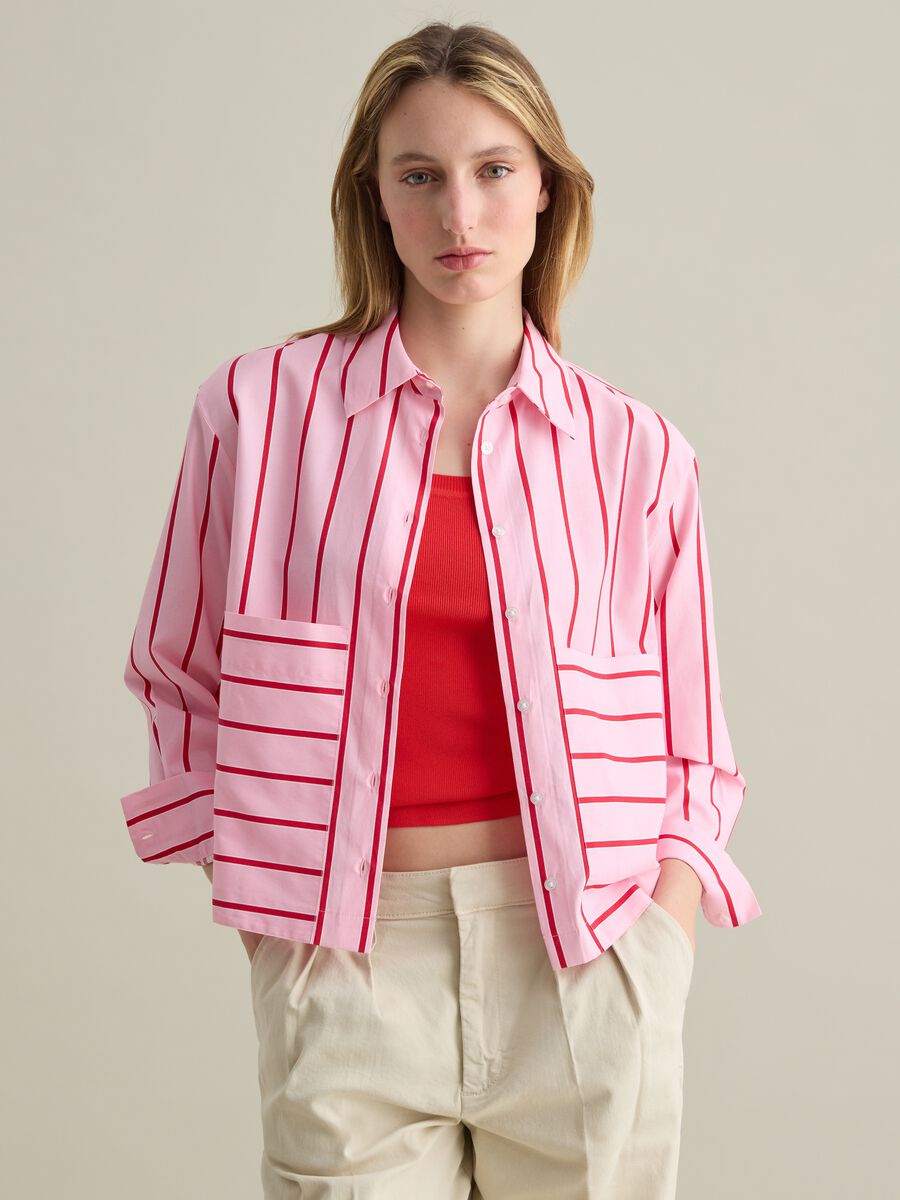 Pink boxy-fit shirt in poplin with striped pattern_0
