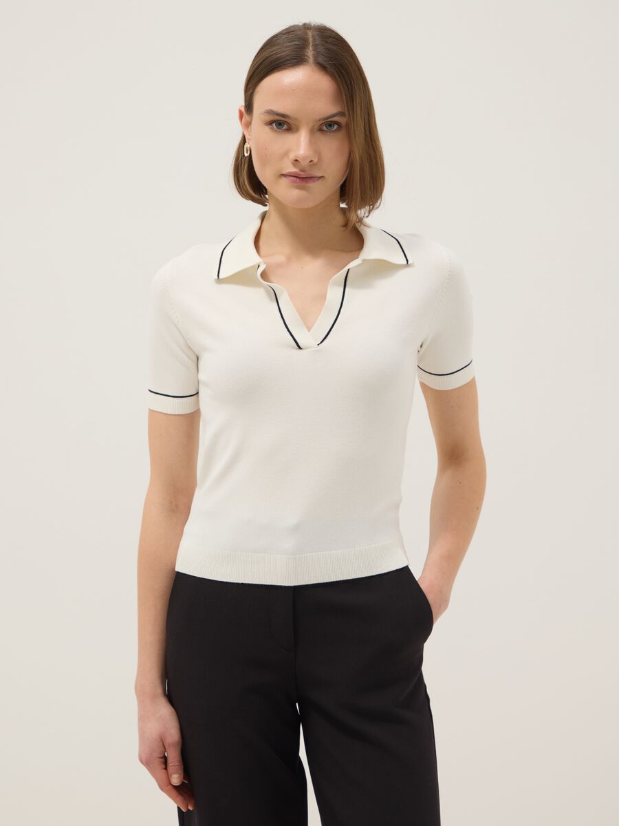White viscose blend slim fit polo with contrast stitching_0