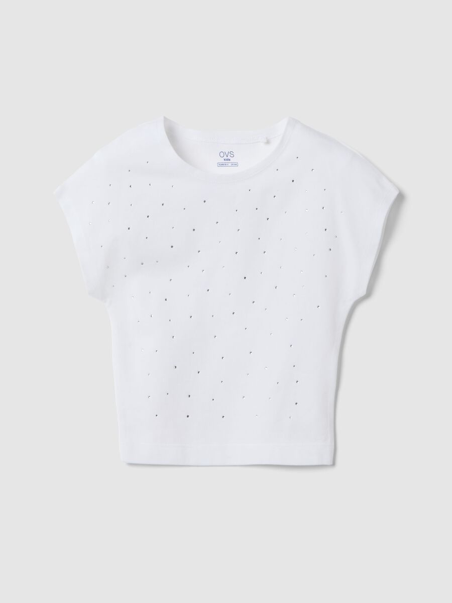 Girls' Slim Fit White Stretch Cotton T-shirt with Rhinestones_0