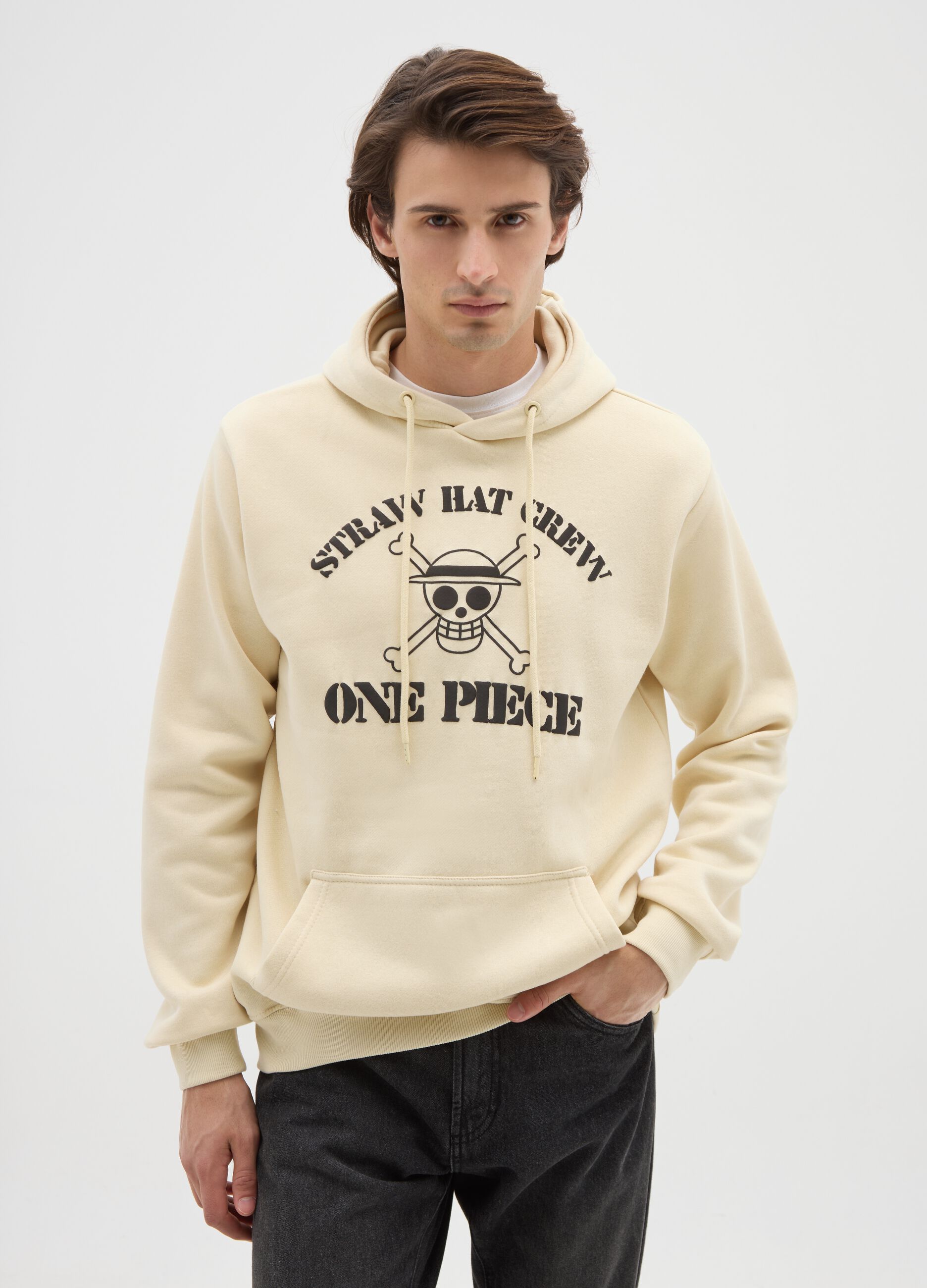 Beige mixed cotton hoodie with One Piece print