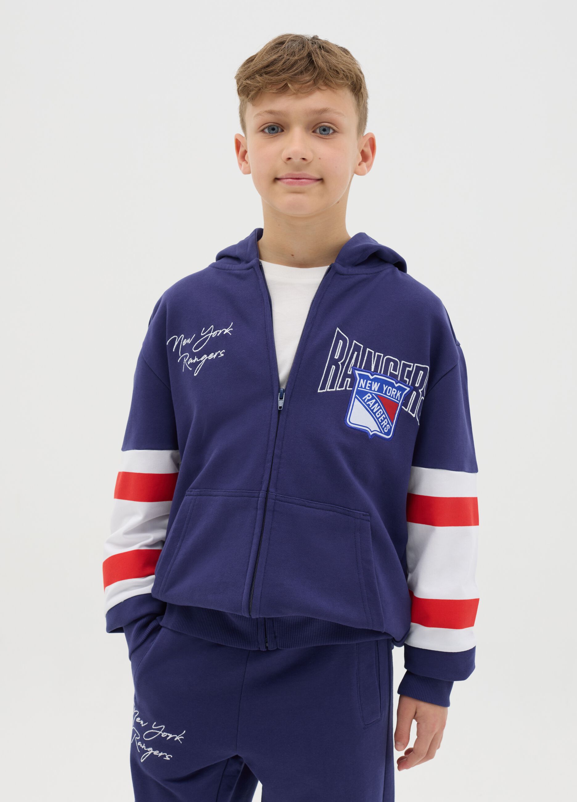 Blue and red New York Rangers full-zip sweatshirt with hood