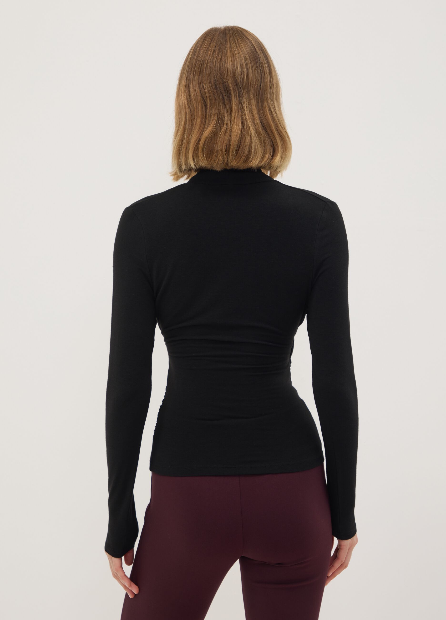 Black viscose, silk and stretch wool crew-neck T-shirt, regular fit