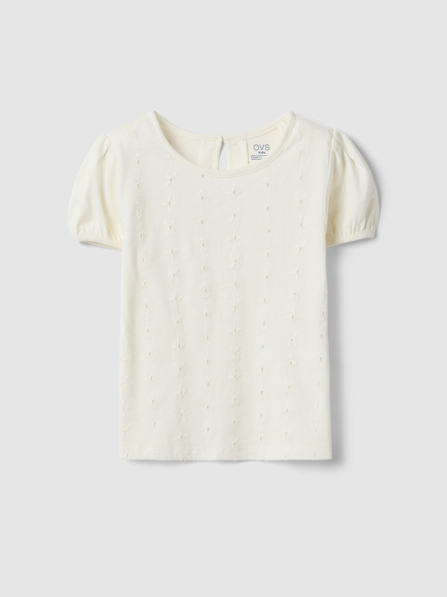 T-shirt in puro cotone bianco da bambina regular fit con ricami_0