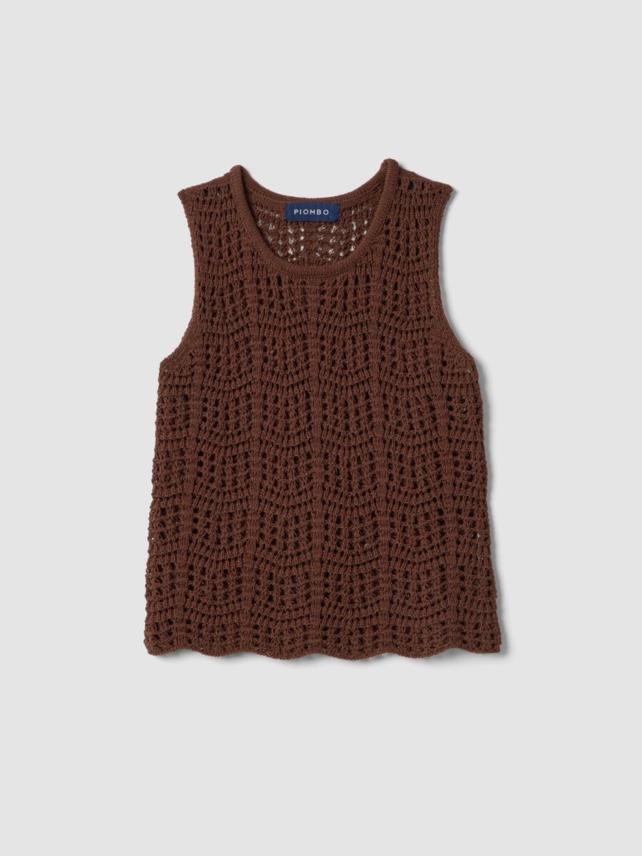 Tank top in misto cotone marrone regular fit con texture a rete_4