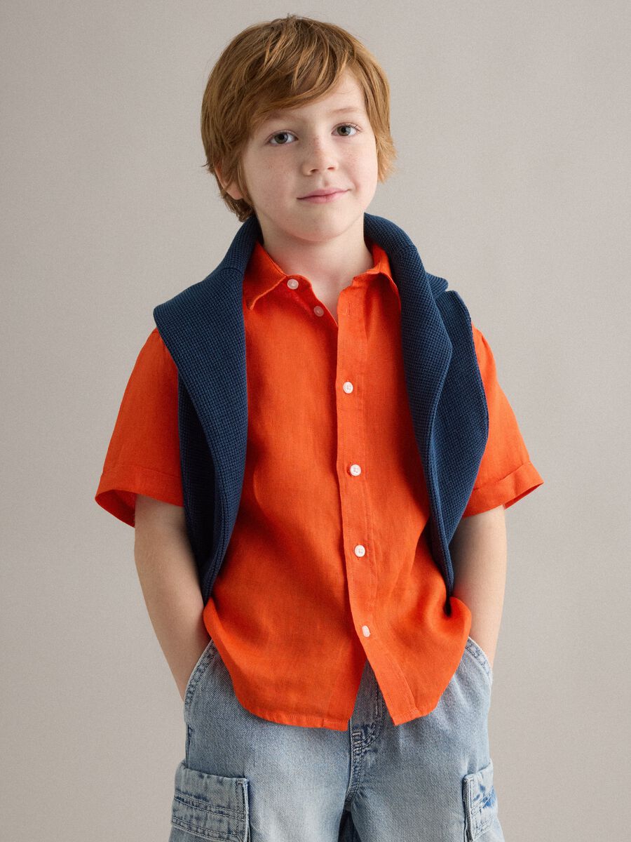 Camicia arancione in puro lino per bambino over fit_0