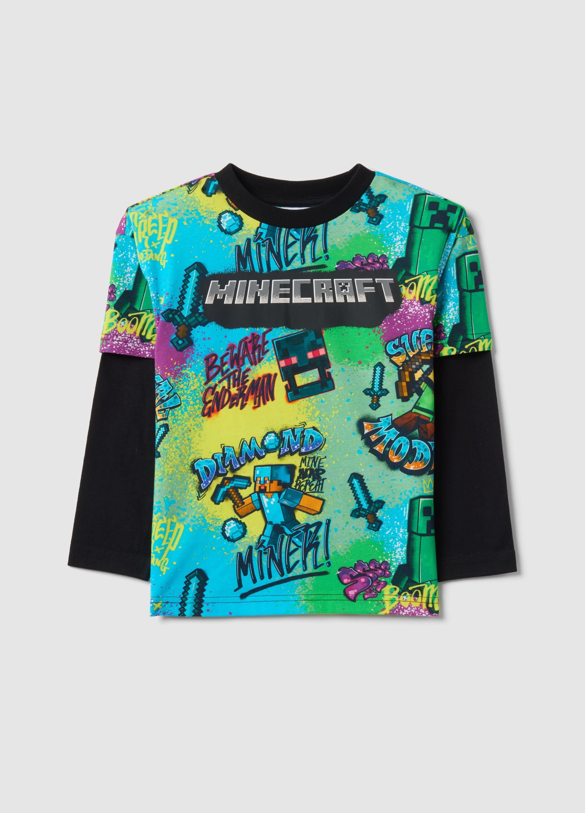 Multicolor pure cotton child's T-shirt with Minecraft print