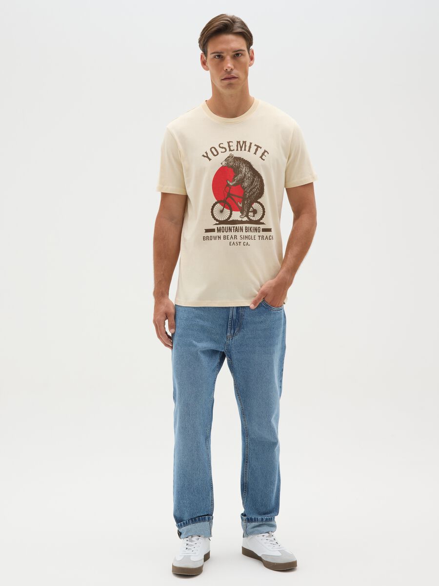 Men's beige pure cotton regular fit t-shirt with print_1